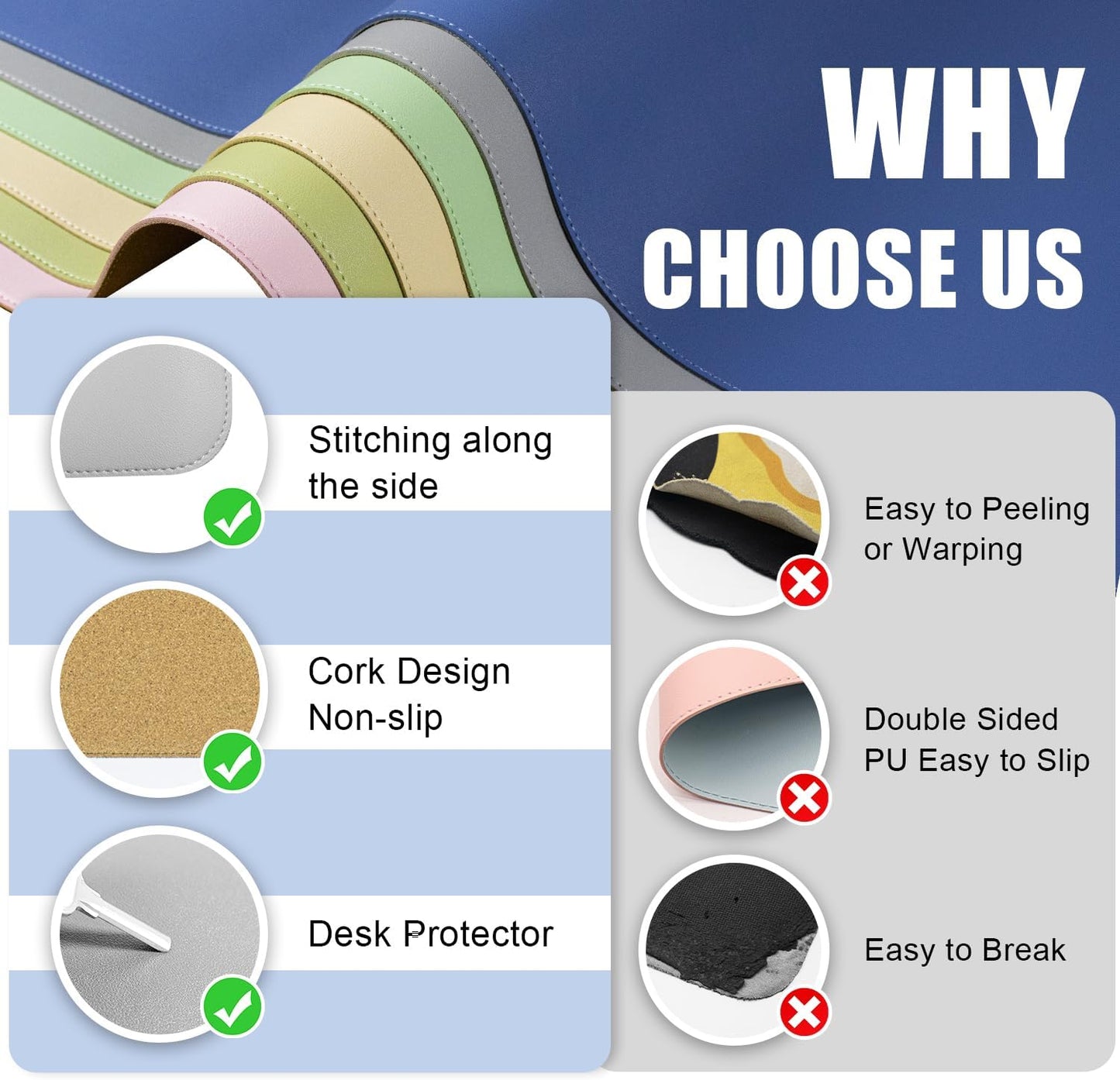 BLESWIN Large Desk Pad 35.4"" x 17"", Non-Slip Desk Mat with PU Leather & Natural Cork, Waterproof Writing Desk Natural Cork, Computer Mat Desk Protector for Office Home, Light Grey