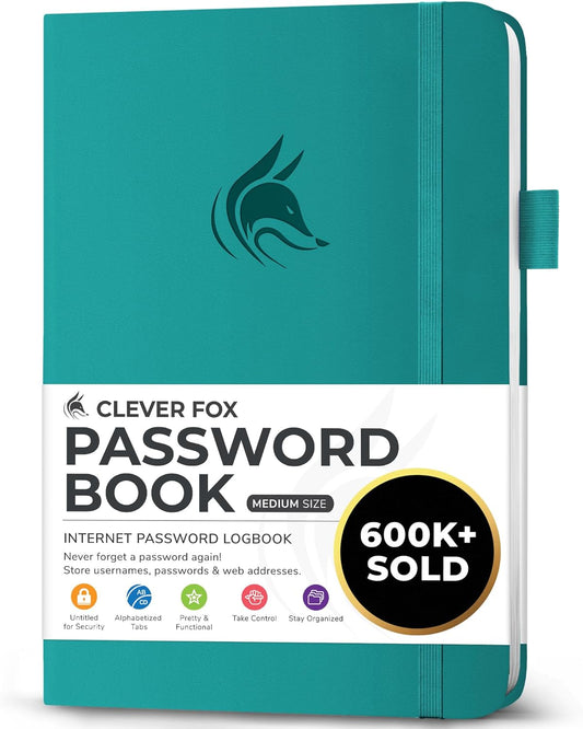 Clever Fox Password Book with alphabetical tabs. Internet Address Organizer Logbook. Medium Password Keeper for Website Logins (Turquoise)