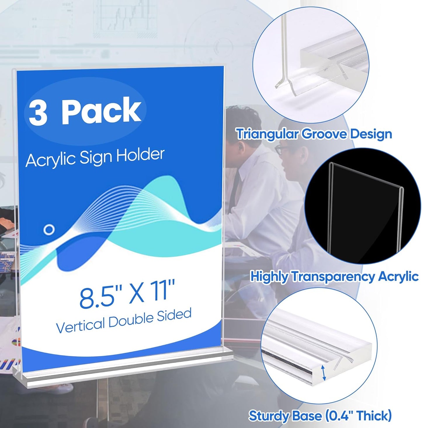 Acrylic Sign Holder 8.5 x 11, 3 Pack Clear Double Side T Shape Acrylic Table Sign Stands for Displaying, Flyer Holder Paper Card Holder for Office Business Store Restaurants