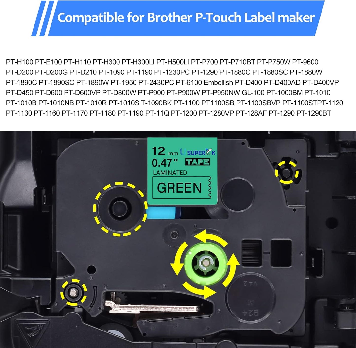 6PK Compatible for Brother P-Touch Label Maker Tape TZe-731 TZe TZ Label Tape TZ-731 TZe731 TZ731 12mm 0.47'' Laminated Black on Green Tape for PT-D210 H110 D220 D400 D600