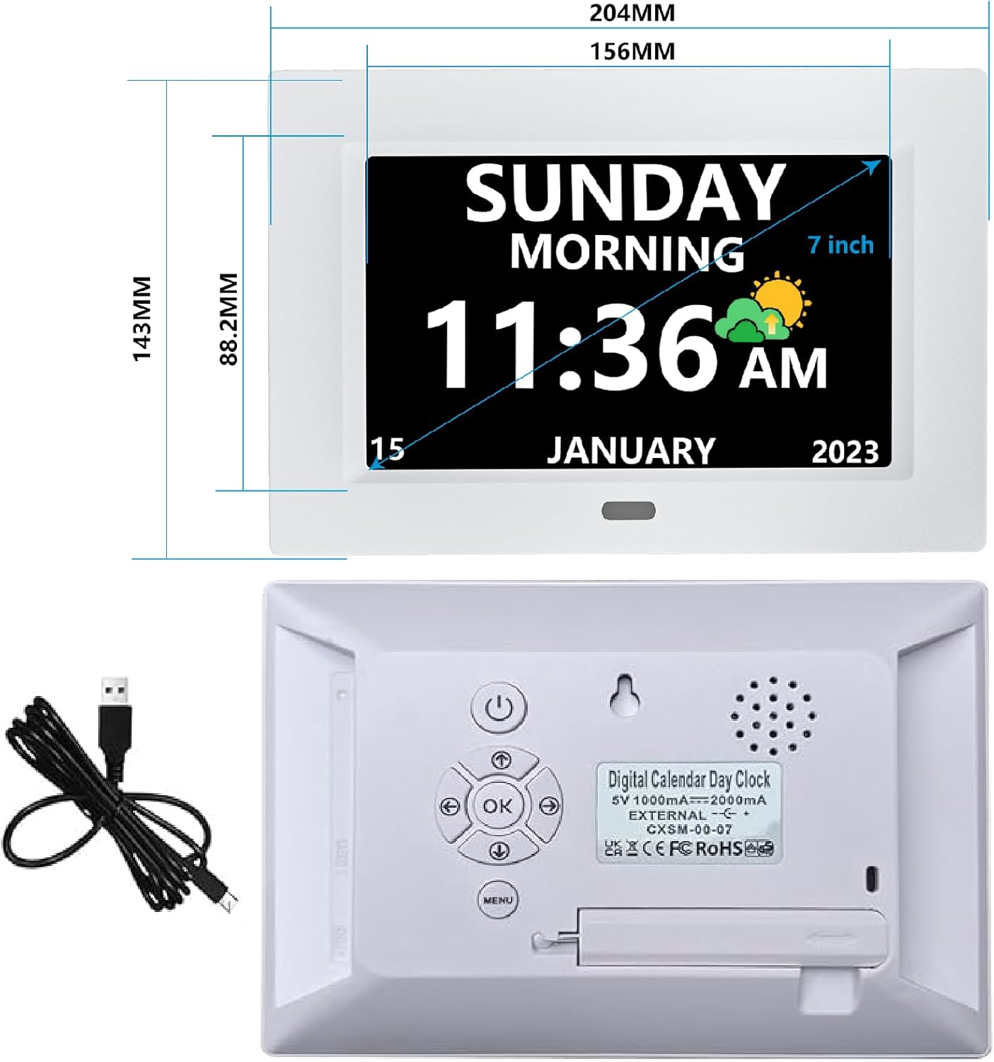 7 Inch Digital Clock with Day and Date for Elderly Alzheimer's Clock Customizable Alarms 3 Display Modes Large Font Alarm Clock for Seniors Auto DST White