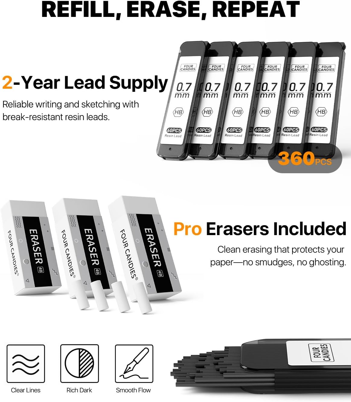 Four Candies Metal Mechanical Pencil Set - 3PCS 0.7mm Art Mechanical Pencils & 360PCS HB Lead Refills & 3PCS Erasers & 9PCS Eraser Refills, Drawing Mechanical Pencils for Writing, Sketching-With Case