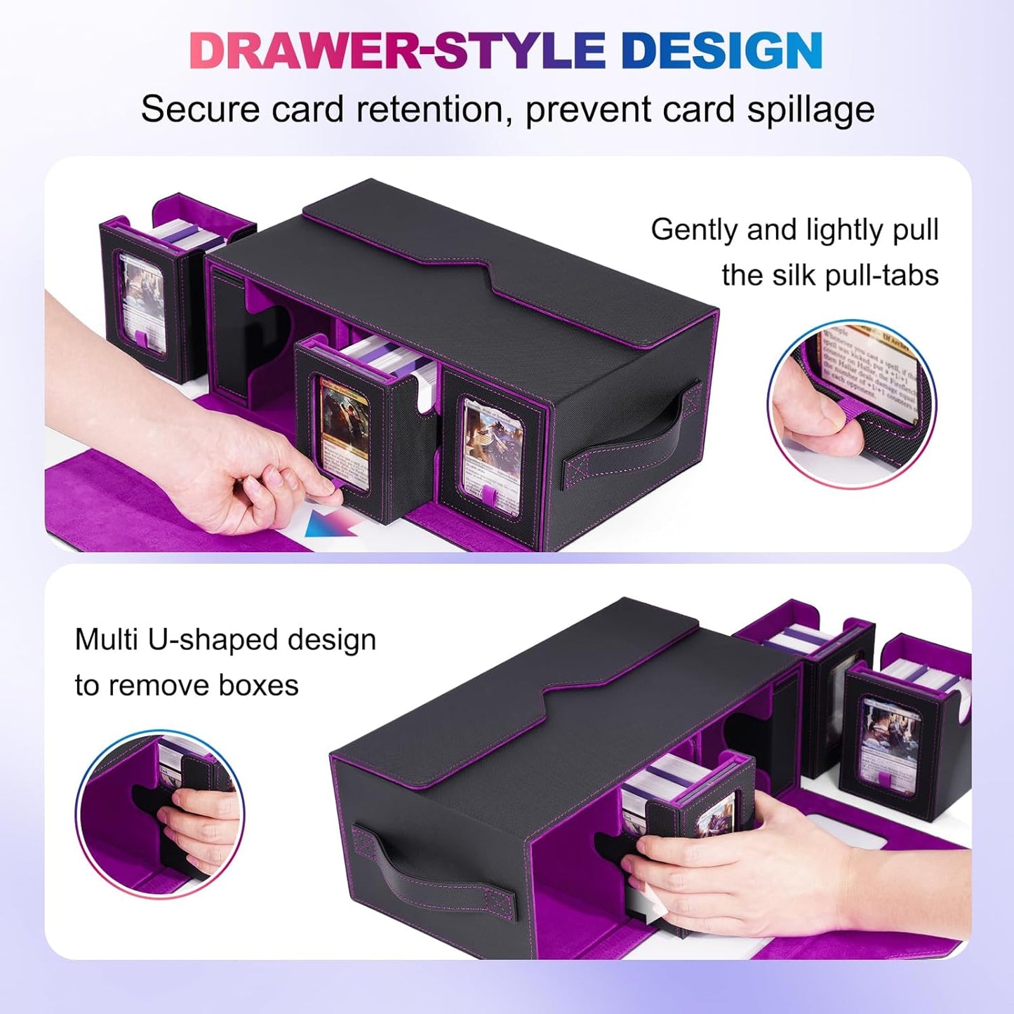 Commander Deck Box for MTG, 6-Deck Modular Card Case with Dice Tray Holds 600+ Double-sleeved Cards, Removable Trading Cards Storage Box with 35PT Magnetic Card Holders for TCG, Black Purple