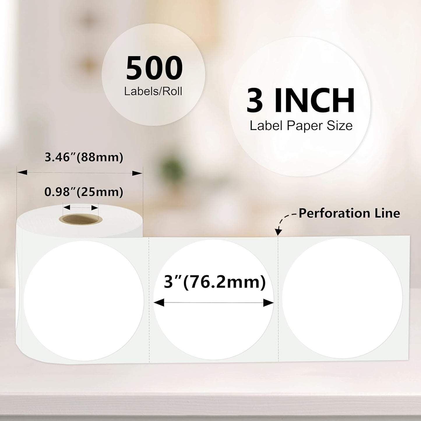 3 X 3 Inch Color Coding Dot Labels Circle White Thermal Printable Waterproof 2000 Pcs Round Stickers Adhesive Writable for Office, Home, Garage, DIY Sticker, Barcodes, Name Tag