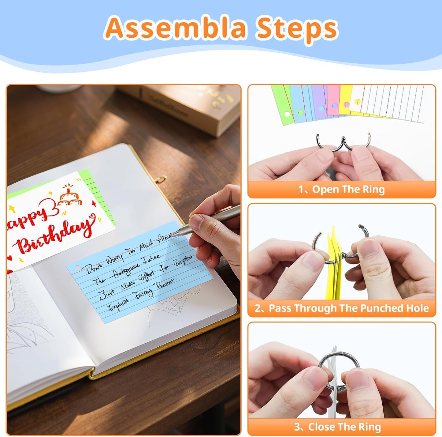 Index Cards 3x5 Inches, 300 PCS, Colored Flash Cards With Ring, Punched Lined Study Card Ruled Flashcards Notecards, Ruled Front And Blank Back, Note Card for School, College And Home