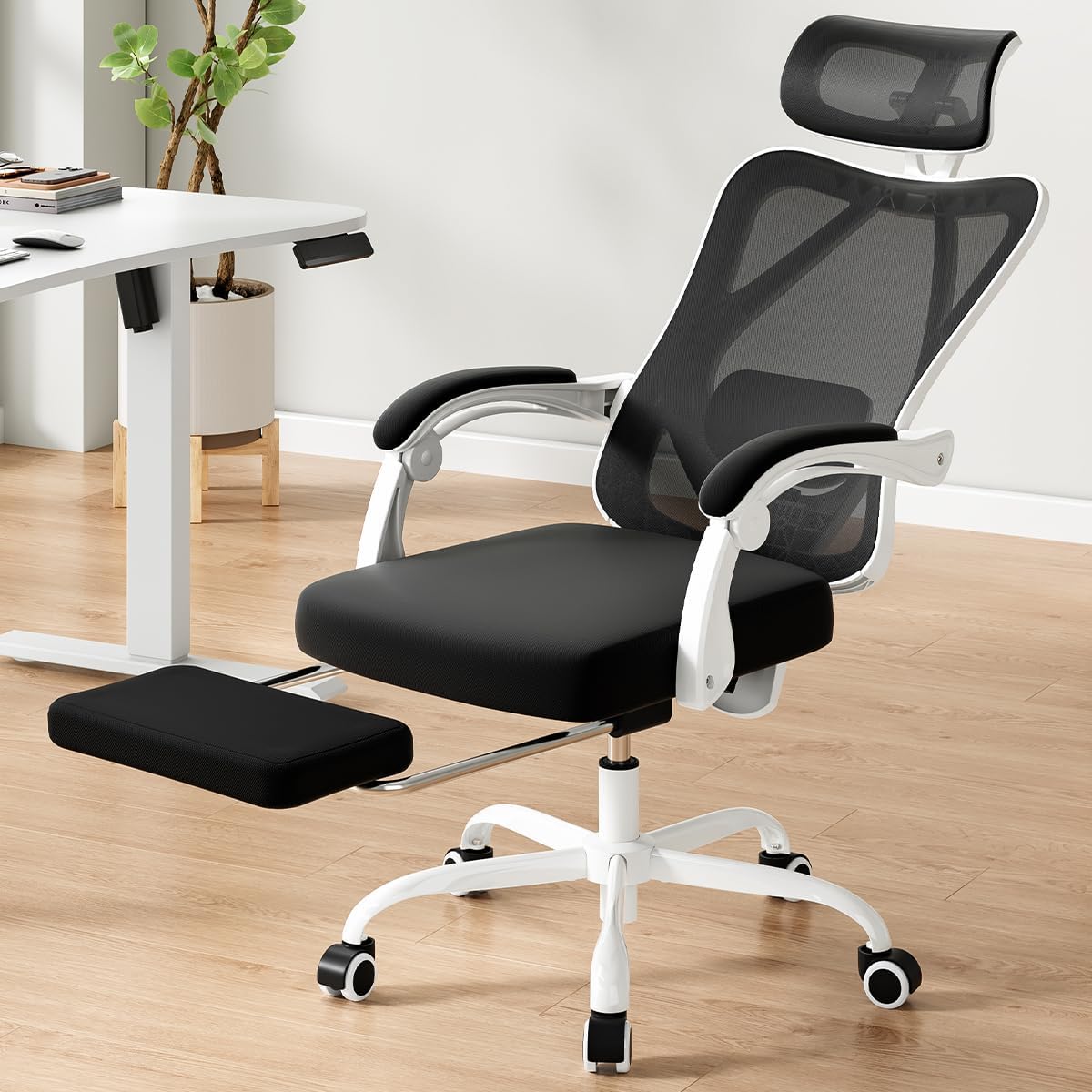 Farini Ergonomic Office Chair with Footrest, Mesh Office Desk Chair with Headrest, High Back Computer Chair with Adjustable Lumbar Support for Home Office Study Room Bedroom, White & Black