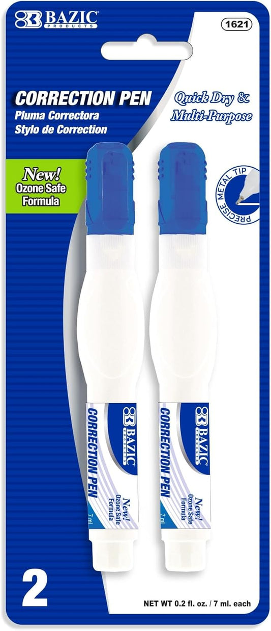BAZIC Correction Pen, Precise Metal Tip Applicator, Fine Point Corrections Fluid, White Out Wipe Out Liquid (2/Pack), 24-Packs