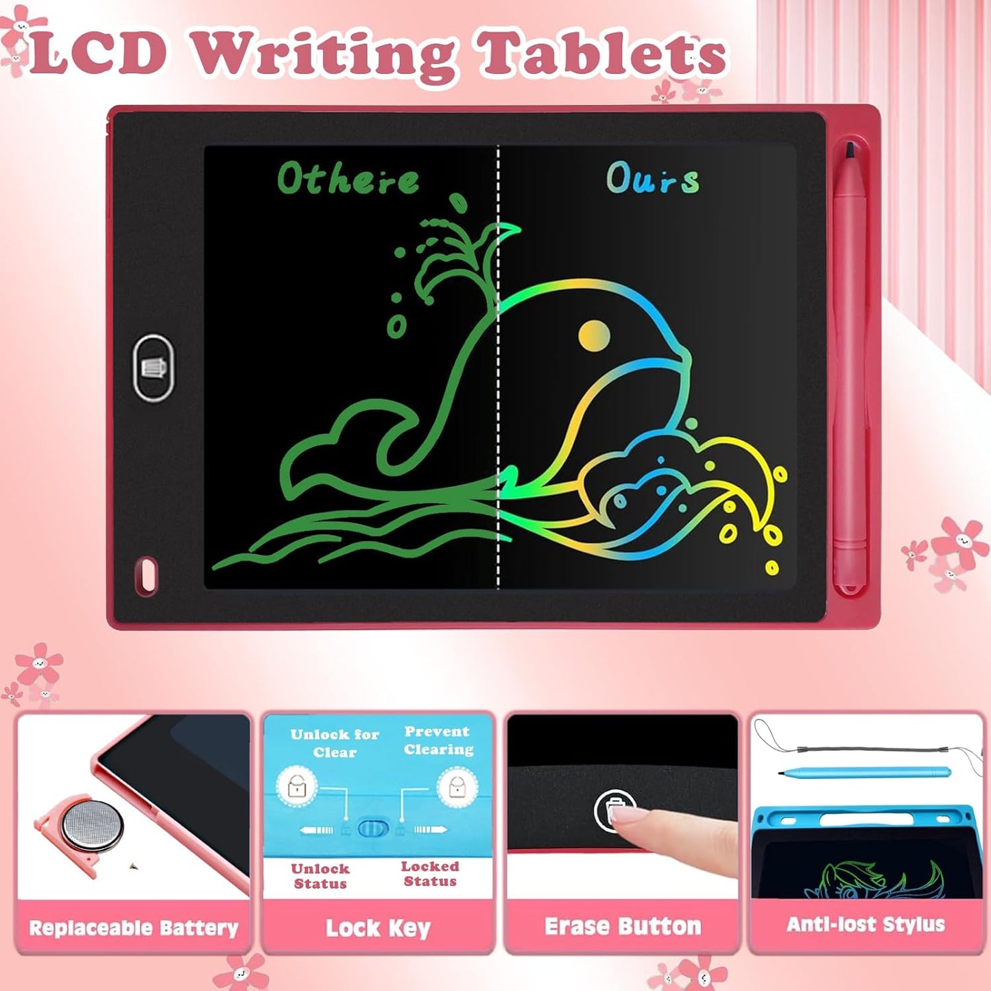 2 Pack LCD Writing Tablet for Kids 8.5 Inch Colorful Toddler Drawing Board Kid Travel Games Activity Learning Doodle Board Toys Gift for Age 3 4 5 6 7 8 Year Old Girls Boys(Black+Red)