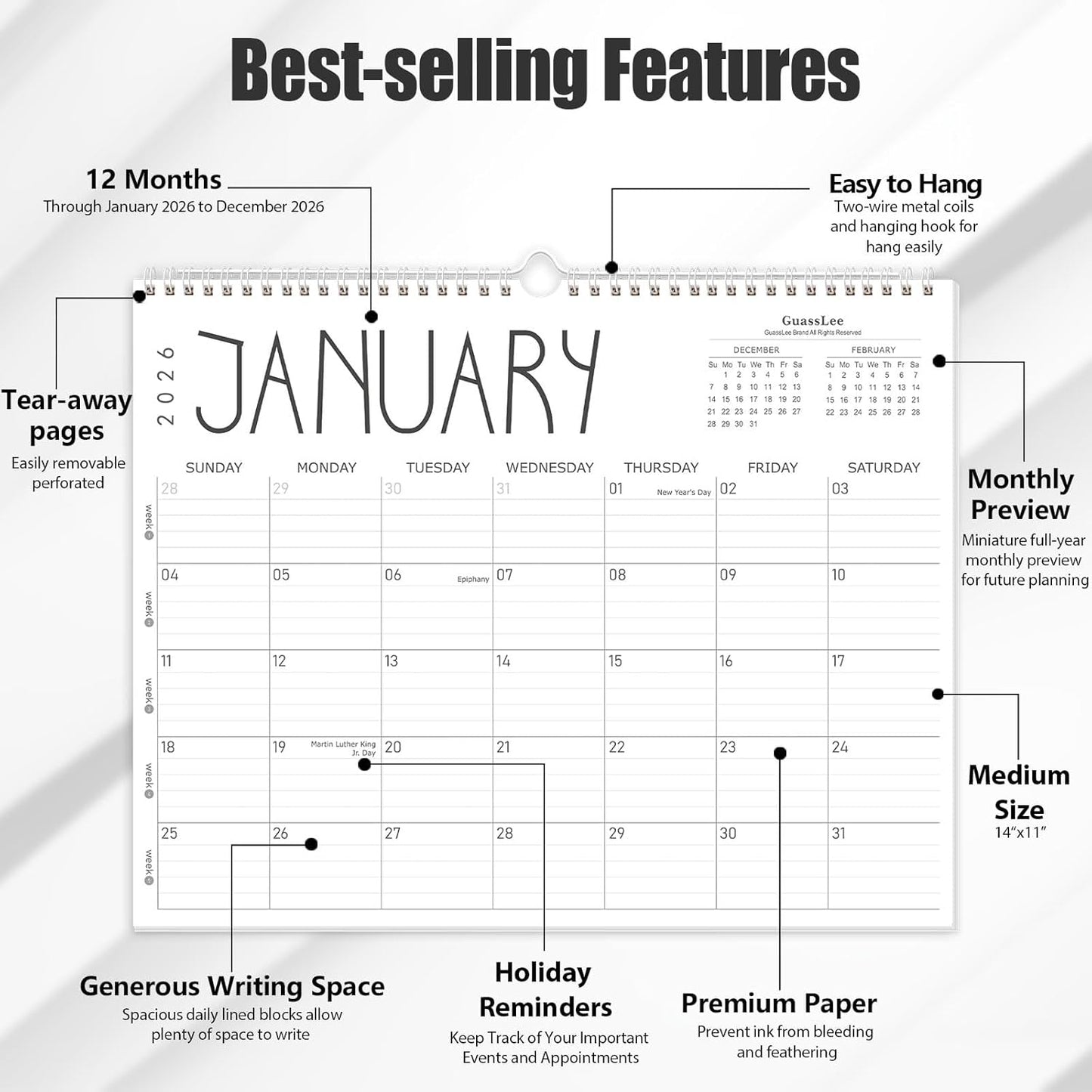 GuassLee Wall Calendar 2026, 2026 Calendar Wall from Jan. 2026 to Dec 2026, 14" X 11" Paper Monthly Planner Wall Hanging Calendar with Thick Paper for Office Home Planning & Organizing