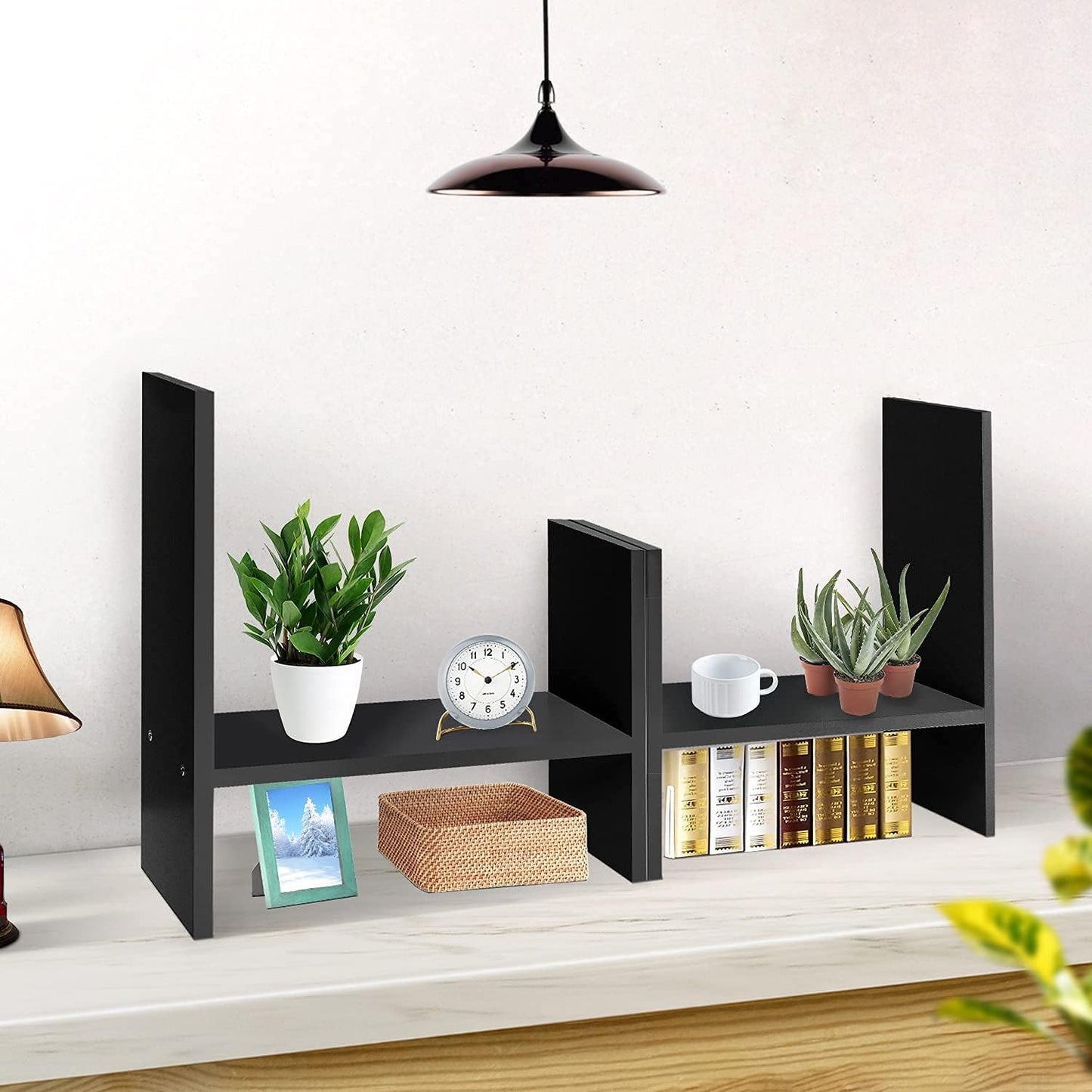J.M.Deco Desktop Organizers and Storage for Office, Adjustable Desktop Organizer Shelf Double H Display, True Natural Stand Shelf, Black