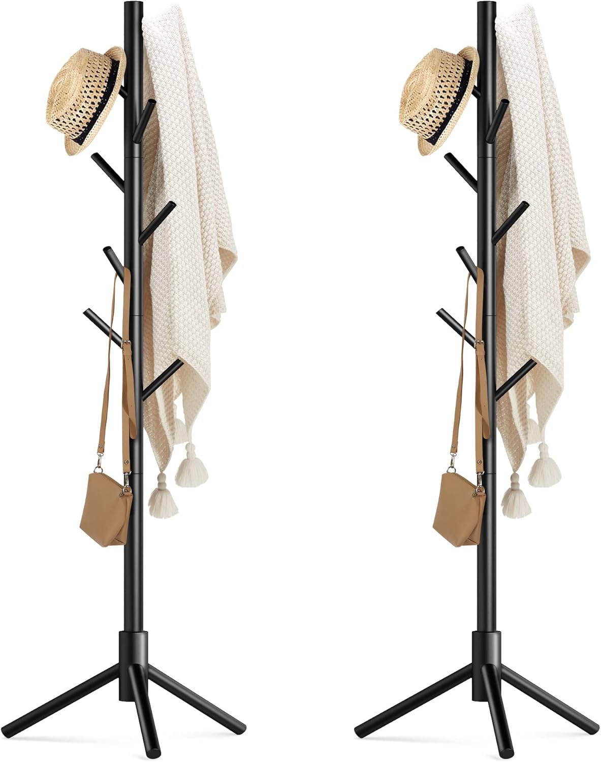 Haddockway Wooden Coat Rack Stand with 8 Hooks New Zealand Pine 3 Adjustable Coat Standing Tree Easy Assembly for Coats, Hats, Scarves and Handbags for Entryway, Hallway, Bedroom, Office,2 PCS