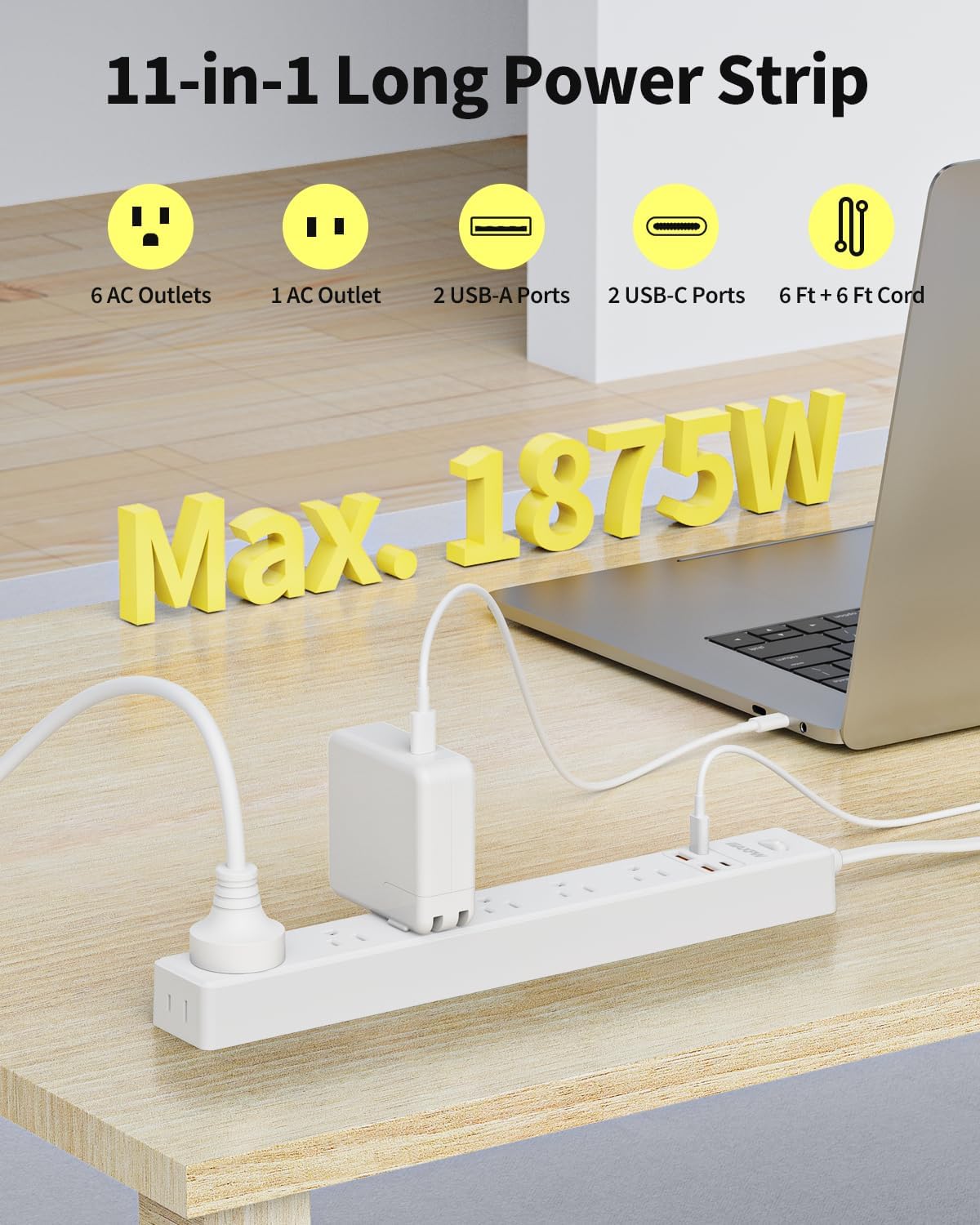 2 Pack Power Strip Surge Protector - 7 Outlets 4 USB Ports (2 USB C), 6 Ft Ultra Thin Flat Plug Extension Cord, 1875W/15A, 1700 Joules, Wall Mount for Home Office Dorm, White