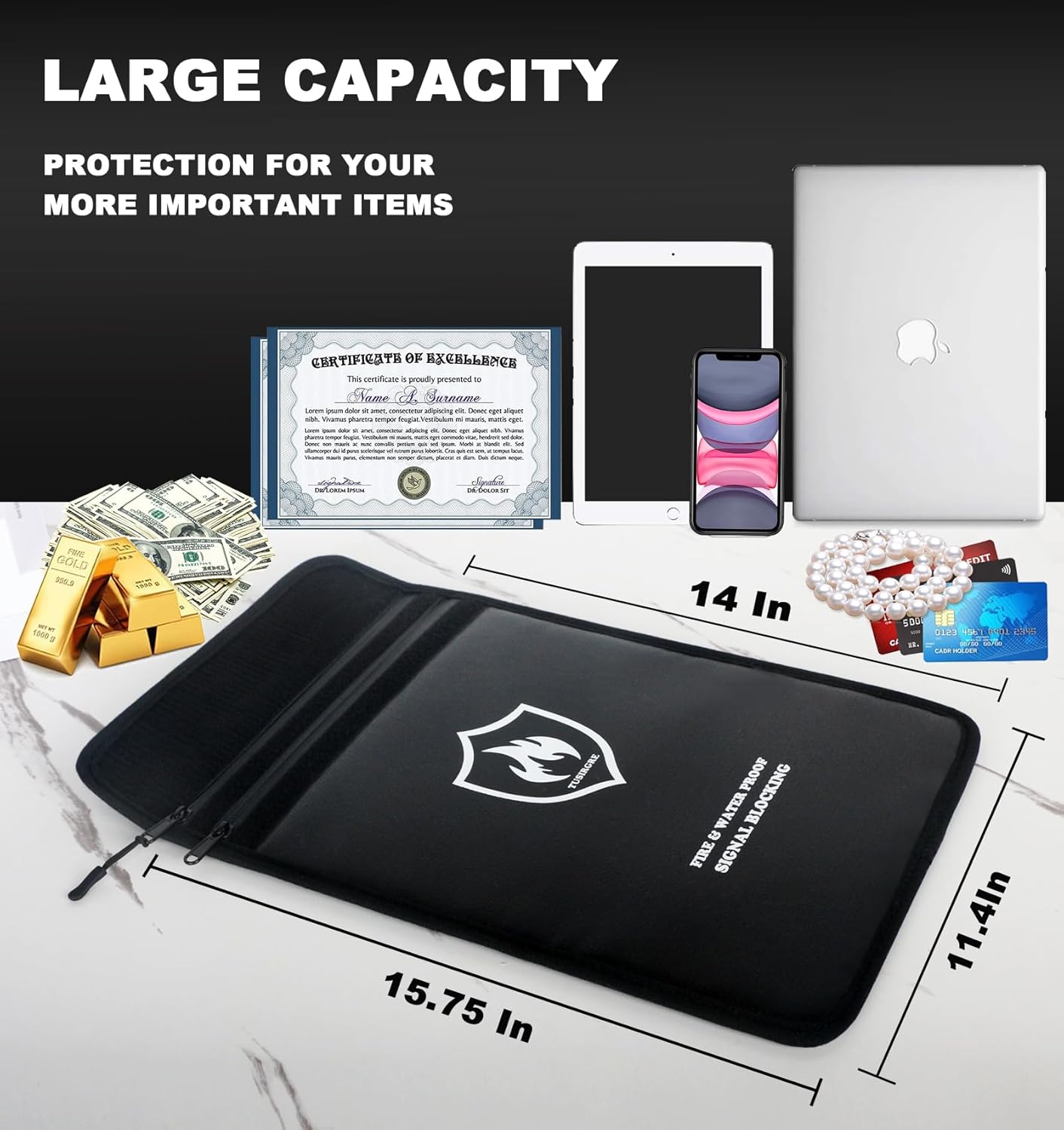 6200°F Upgraded Fireproof Document Bag, 15.7" x 11.4" Faraday Bag, Water Resistant Fireproof Money Bag with Zipper, 18 Layers of Heat Insulated Materials, RFID Blocking Bag, Anti-Theft Anti-Tracking