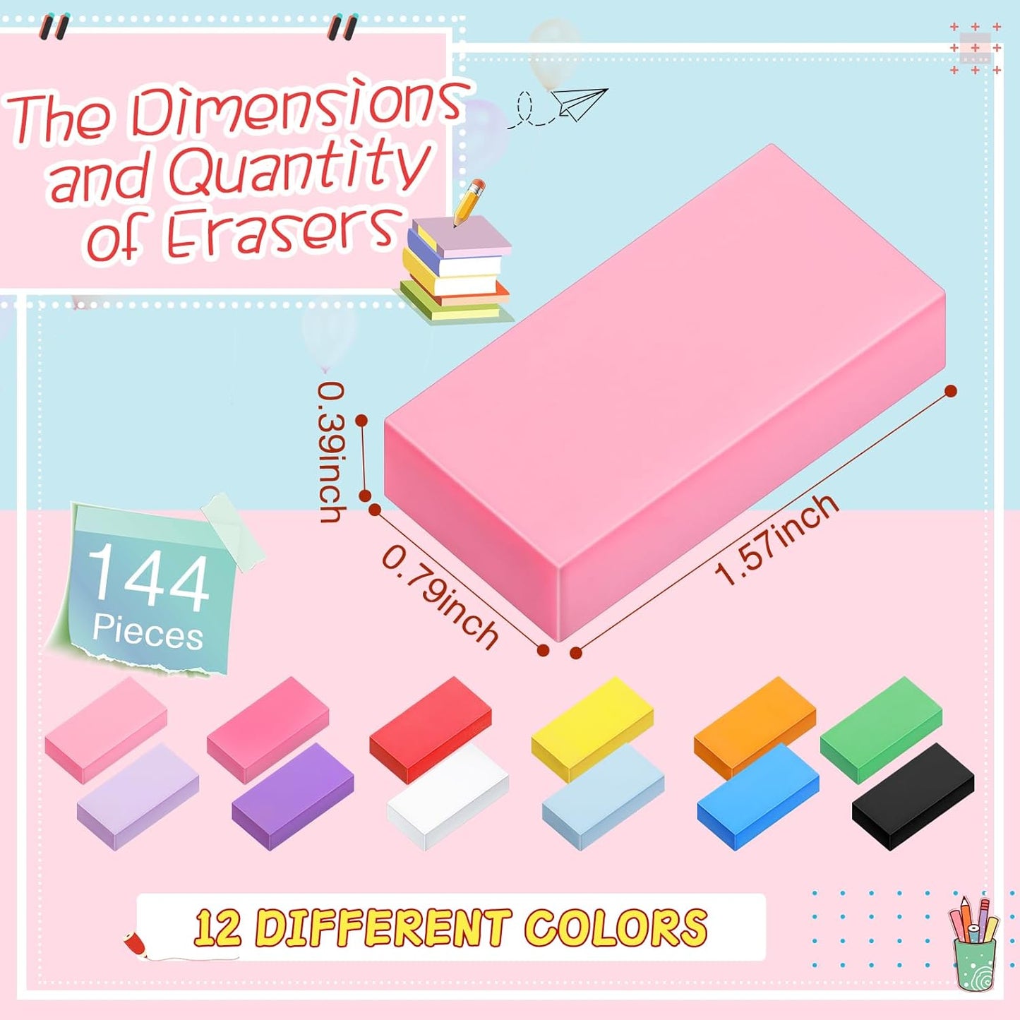 144 Pcs Bulk Erasers for Kids Pencil Erasers First Day of School Gifts for Student Pastel Colors Neon Colors Cute Party Favor for Classroom Art Office, Back-to-School Supplies(Multicolor)