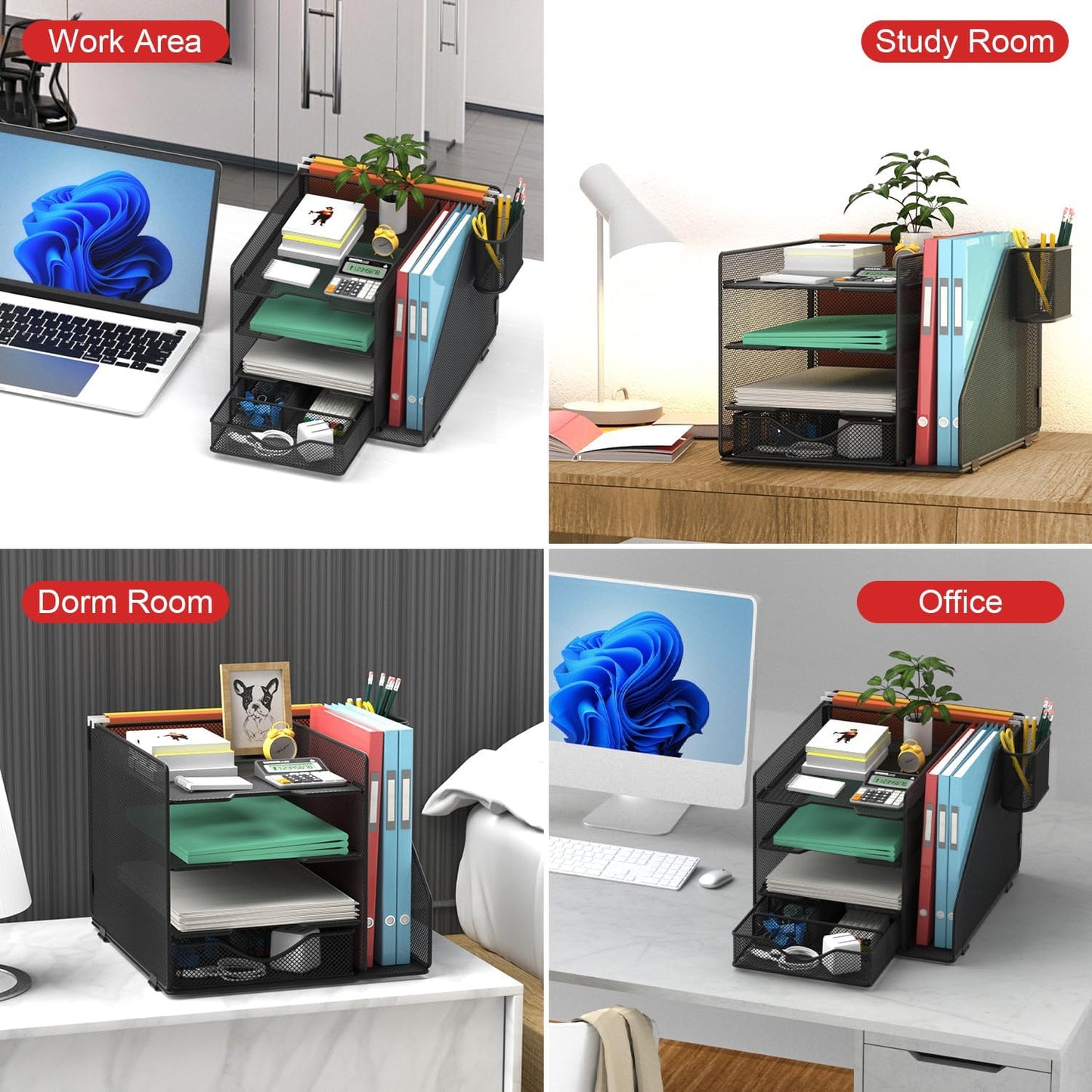 Desk Organizer with Hanging File Holder, Paper Letter Tray Organizer with Drawer and Pen Holder, Mesh Desktop Organizer and Storage for Office Supplies(Black)