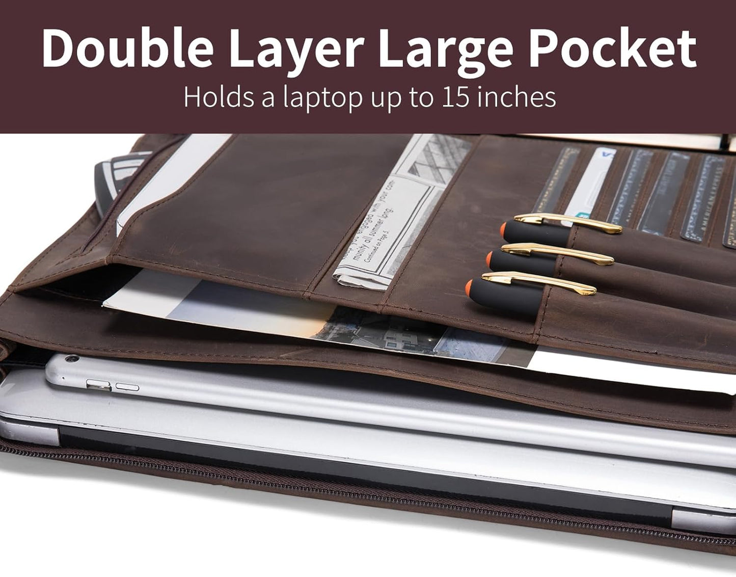 Genuine Leather 3 Ring Binder Portfolio, 8.5 x 14 Legal Size Pad Holder, Hidden Handle, Zippered Padfolio with 15” Laptop Organizer, Professional Business Folio for Men Women, Dark Khaki