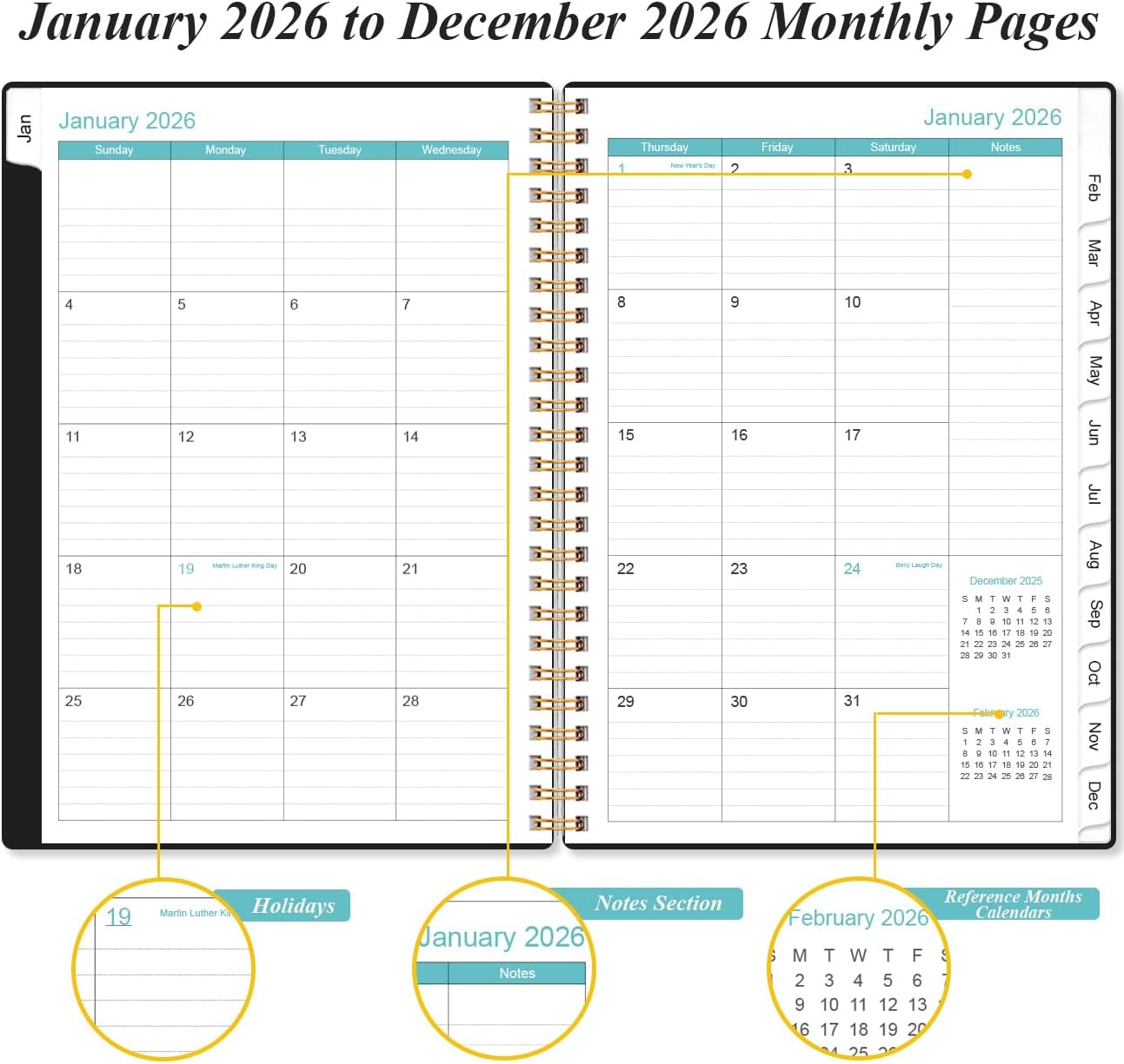 2026 Planner - Planner 2026 from January 2026 - December 2026, Weekly & Monthly Planner Spiral Bound with 12 Monthly Tabs, Inner Pocket, 6.4" x 8.5", Black-B
