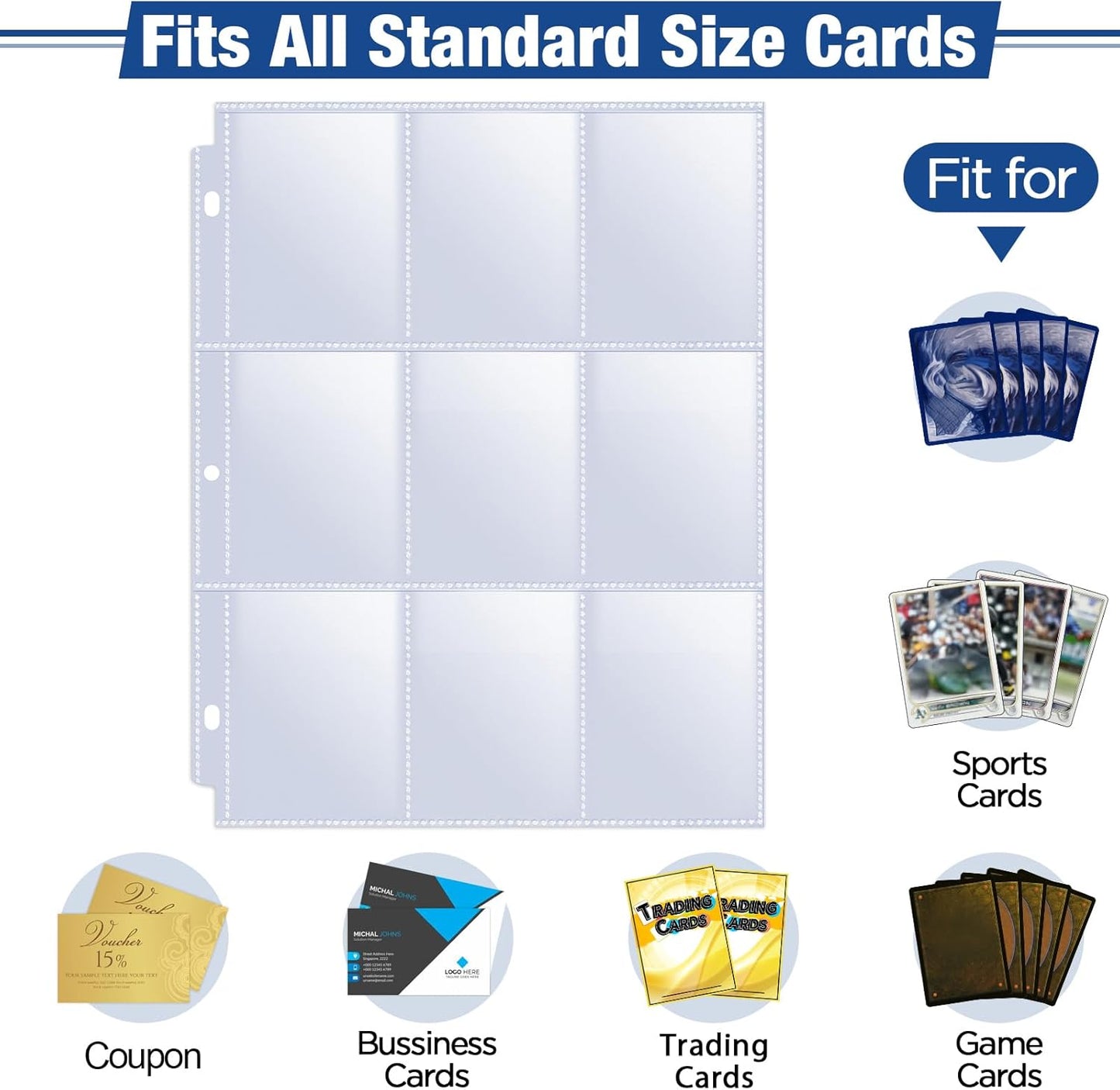 2232 Pockets Double Side Trading Card Sleeves, Fabmaker 9 Pocket Card Sleeves Binder Sheets for 3 Ring Binder, Long-Lasting Trading Card Binder Sleeves Fit for MTG, Baseball, Game, Business Cards