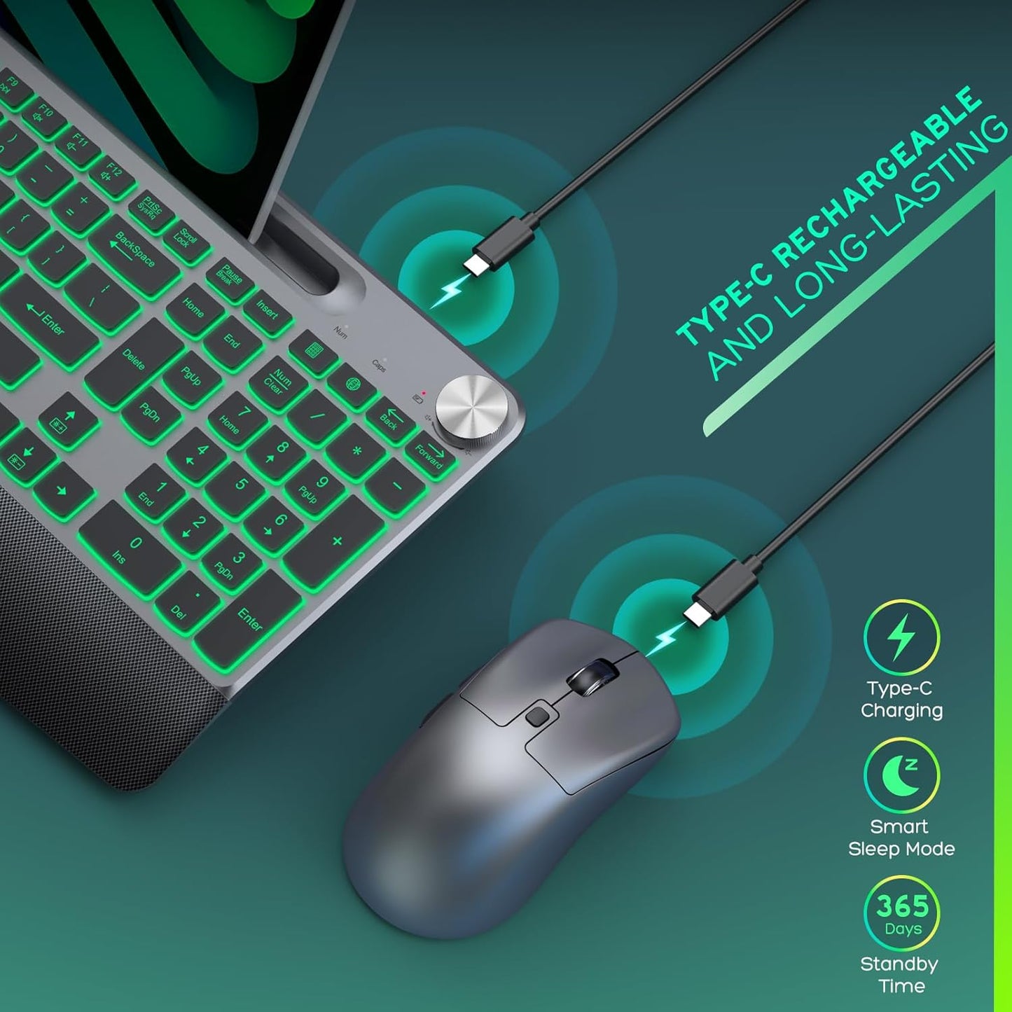 Backlit Keyboard and Mouse Combo, 7 Colors Wireless Keyboard Ergonomic with Wrist Rest and Volume Knob,Phone Holder,Rechargeable with Light Up Keyboard for Laptop, PC, Mac, Windows -Black