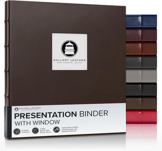 Gallery Leather 3 Ring Binder with Plastic Sleeves, Includes 10 Sheets, Sheet Size: 8.5" x 11" - Presentation Binder Rings with Window and Hubbed Spine, Thick: 1.25" Freeport Mocha