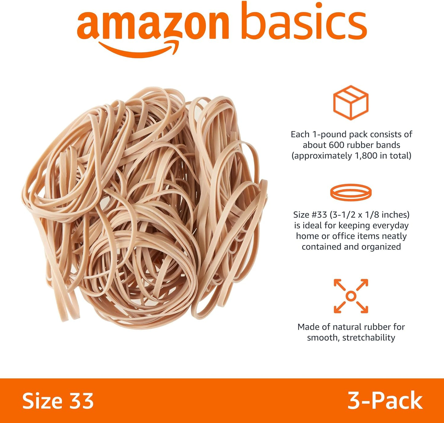 Amazon Basics Rubber Bands, Size 33 (3-1/2 x 1/8 Inch), 600 Bands/1 lb Pack, 3-Pack, Tan