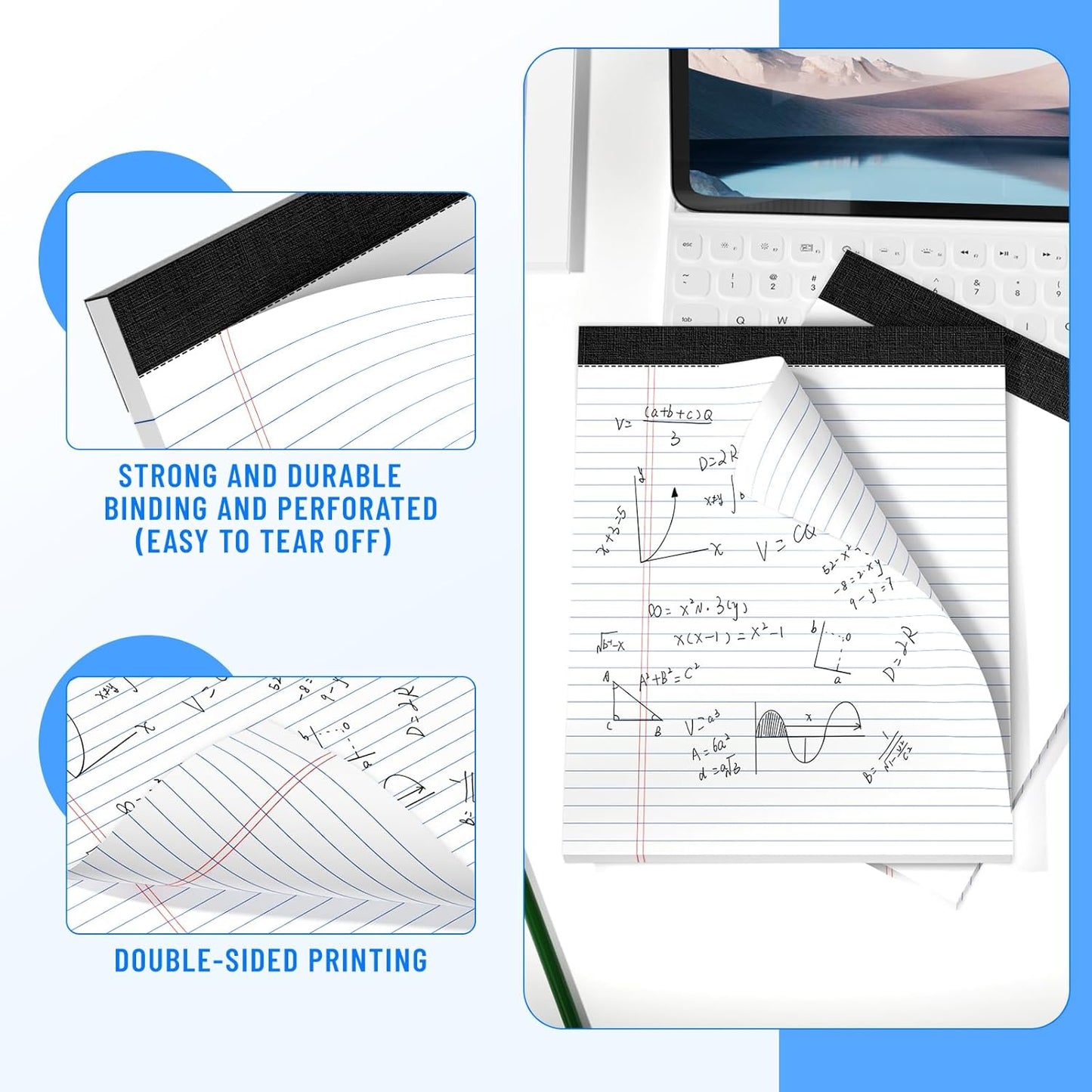 2pcs Legal Pads 8.5 x 11, Notepads 8.5 x 11 Inch, White Note Pads Clear Print Writing Pads of Paper, Memo Pads , Perforate Legal Notepads Paper , Wide Ruled Lined with Sturdy Back,50 Sheets/Pack