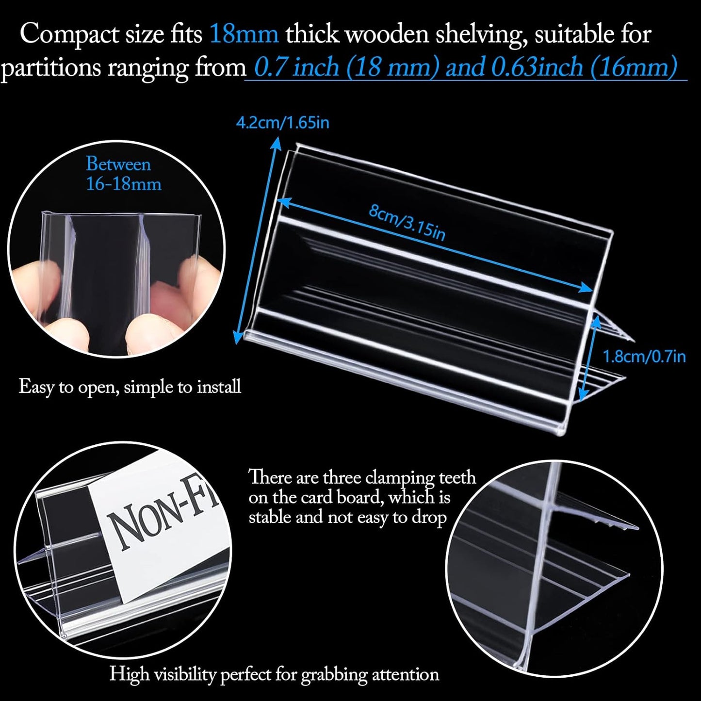 36pcs Wood Shelf Label Holder Plastic Price Tag Holder Supermarket Retail Sign PVC Clear Shelf Label Holder (Includes 50 Pieces Label Inserts) Perfect Fits 18 mm Wooden Shelving.