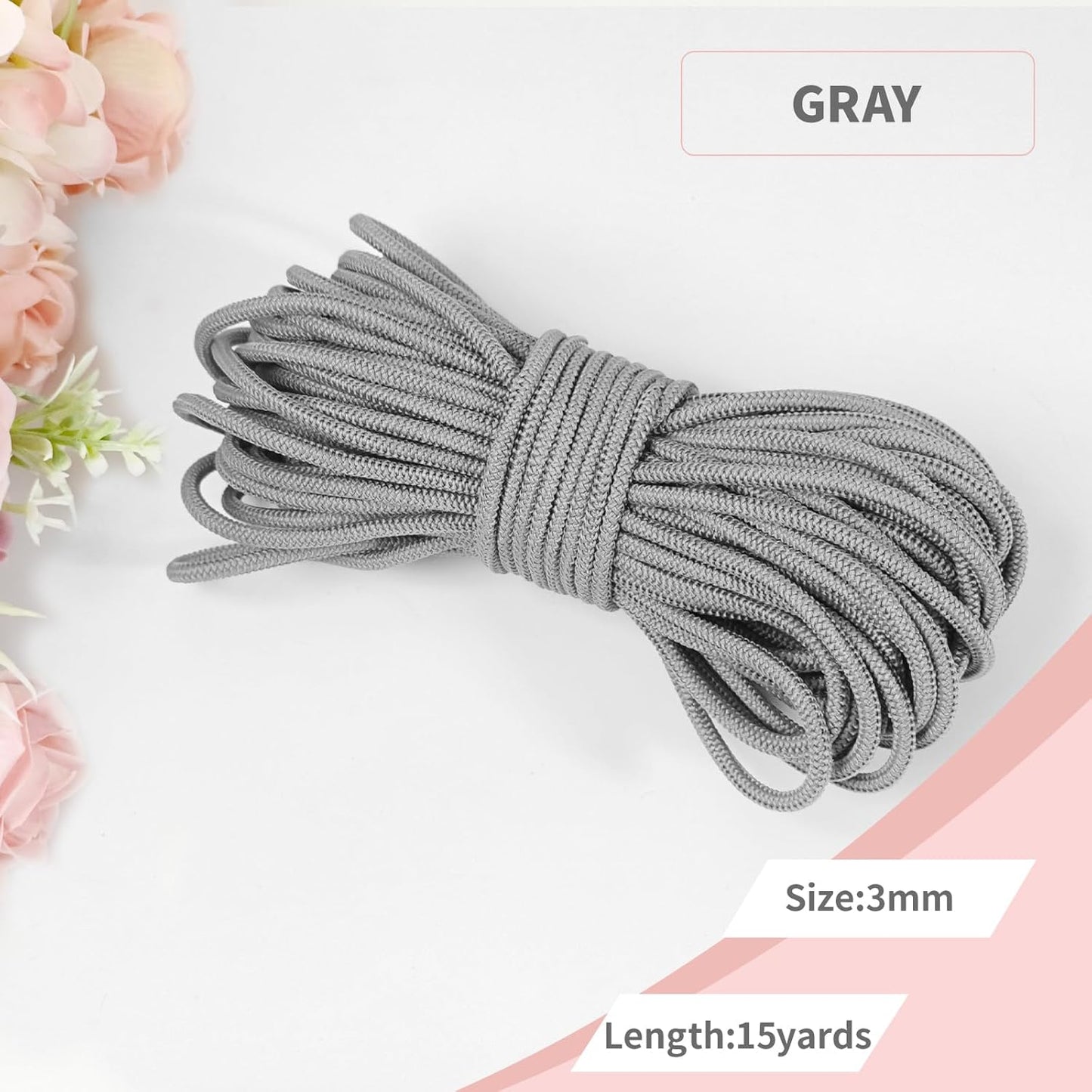 1/8 inch Gray Non-Slip Elastic Cord -3mm 15 Yards Soft Elastic Cord Stretch String Braided Thread for Sports Gear, DIY Crafts, Hair Bands, Shoelaces,Apparel Making & Camping Tie Down