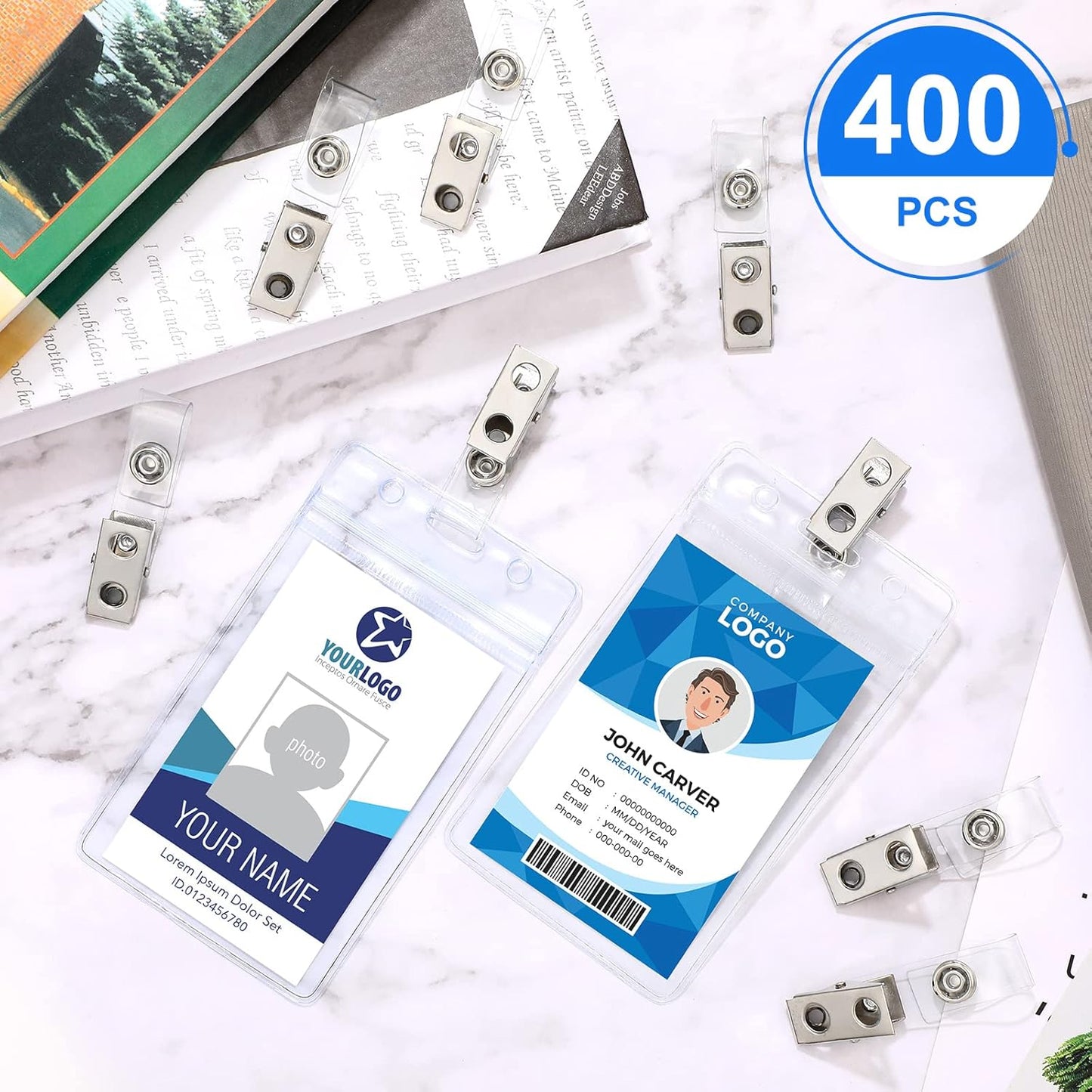 400 Pack Metal Badge Clips with Clear PVC Straps Double Hole ID Badge Clips for Name Tag ID Cards and Badge Holders, Office Supplies