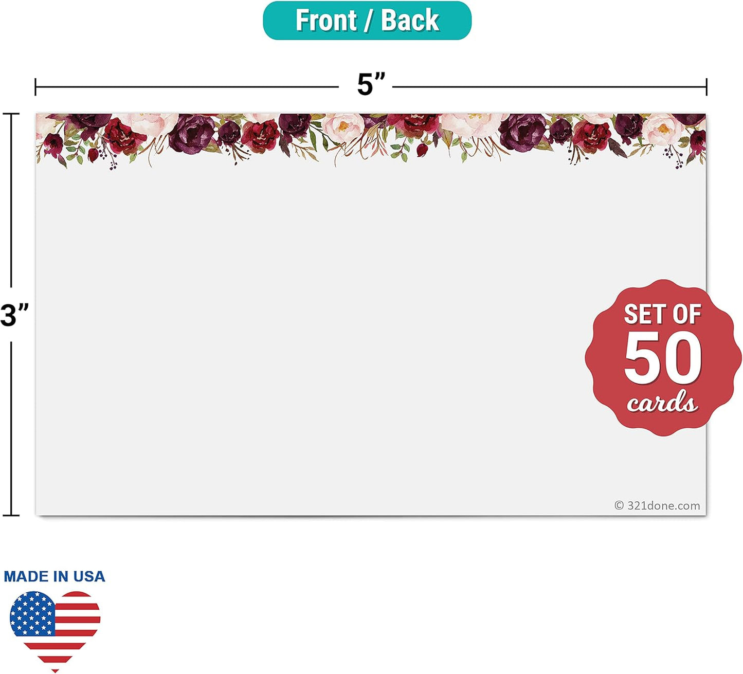 321Done Red Rose Floral Index Cards - Blank, No Lines - (50) Small 3x5 White Cards - For Studying, Learning, Flashcards, Desk Notes, Messages, Notecards, Card Making - Cute, Pretty - Made in the USA
