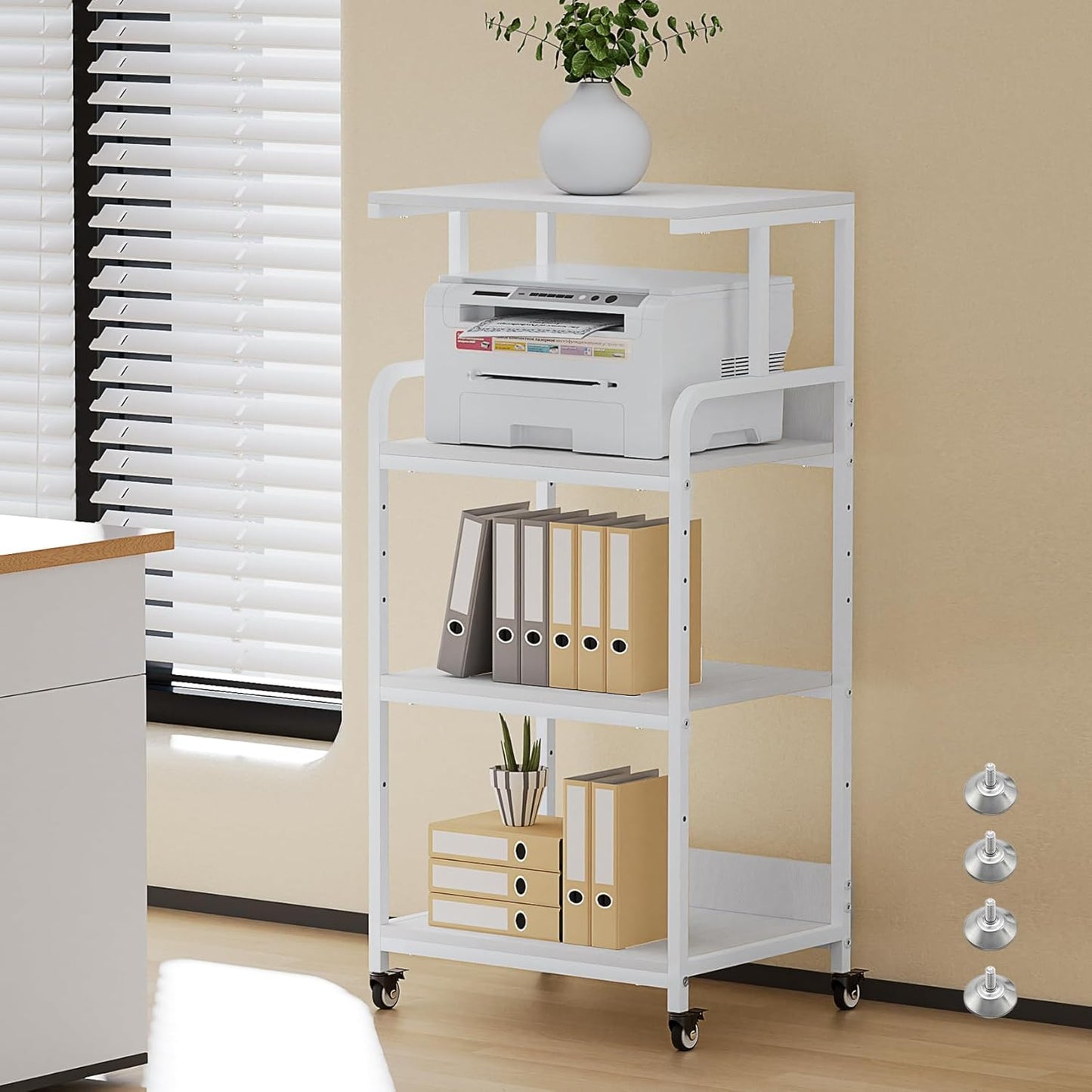 4 Tier White Printer Stand with Storage Shelf, Large Tall Printer Table for Home Office, Rolling Printer Cart with Industrial Wheels for Paper Shredder Scanner Fax Heat Press Small Space (White)