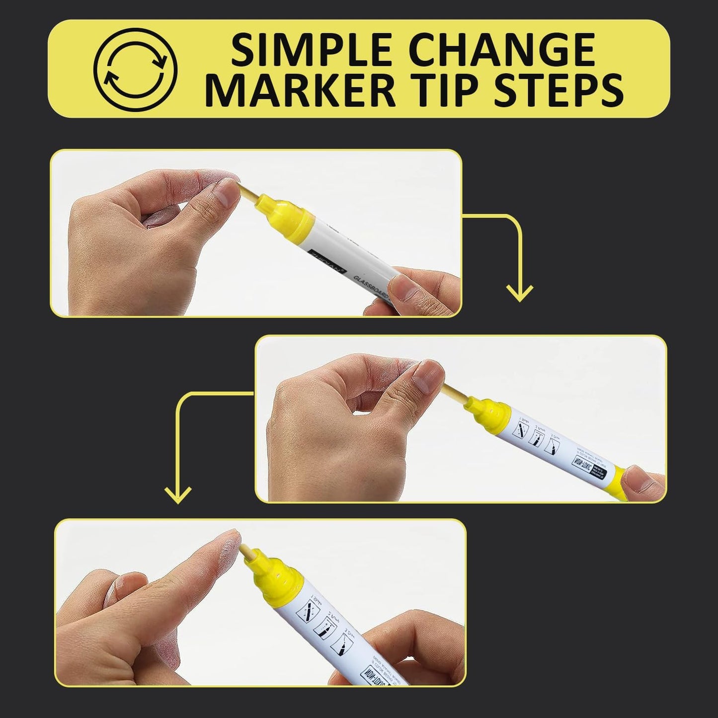 Bright Yellow Dry Erase Markers for Black Glass Board, 2-in-1 Reversible Dual Tip - Bullet & Fine, Easy Clean Grip Liquid Chalk Pens for Acrylic Board, 10 Pack