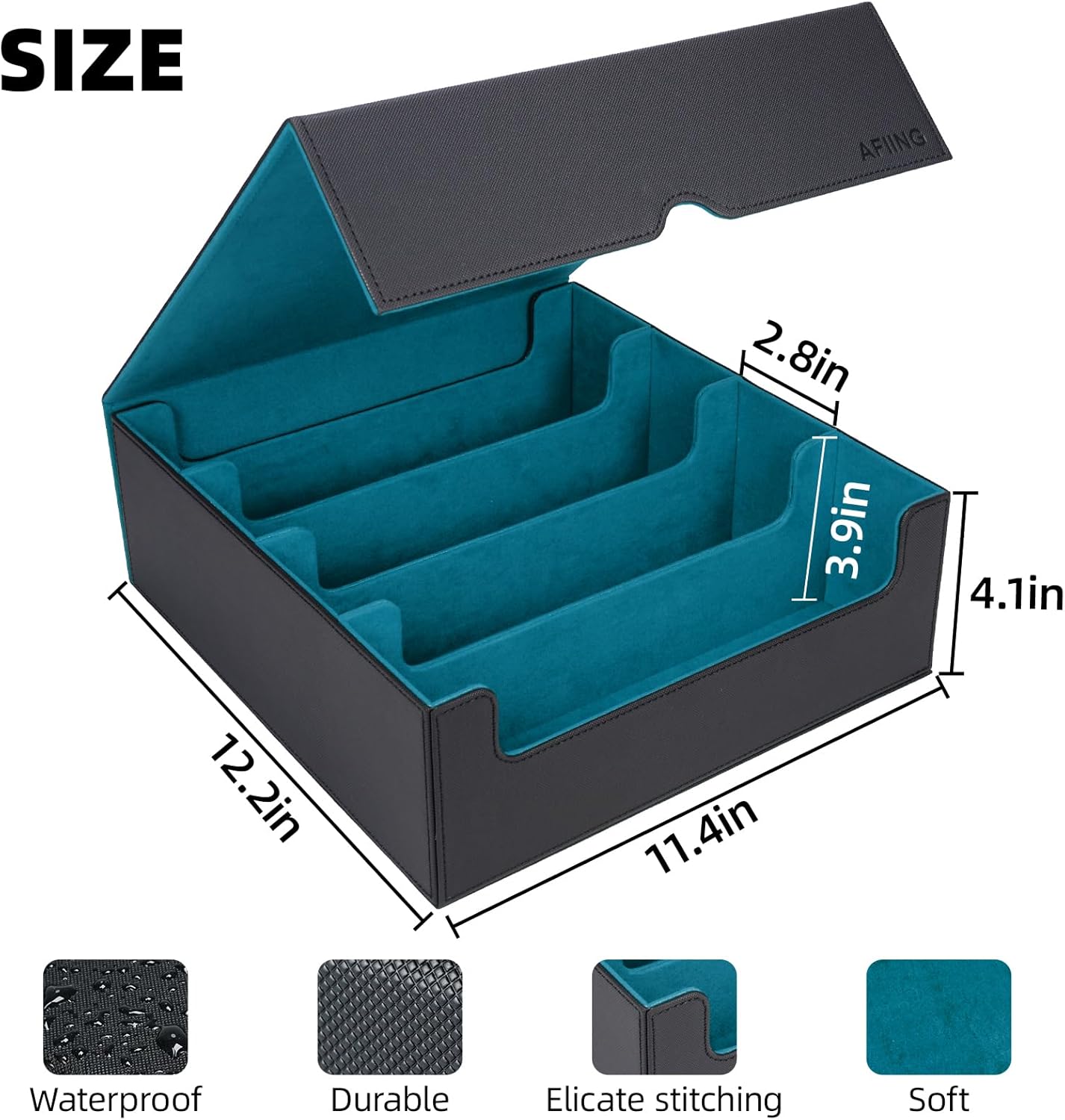 AFIING 4-Row Trading Card Storage Box – Holds 3200+ Cards, 48 Dividers & 4 Stoppers, Card Deck Box for MTG TCG Sports Cards – Includes 1 Dice Bag(Black Cyan)