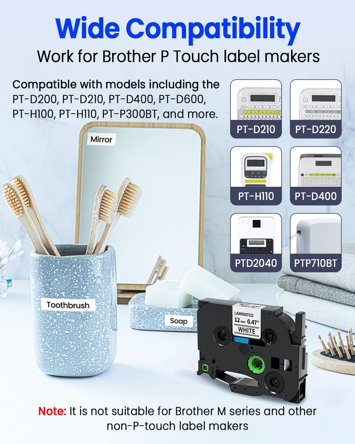 Airmall Replace for Brother Label Maker Tape TZe-231 TZe TZ Tape 12mm 0.47 Inch Laminated White TZe231 Black on White Compatible with Brother P-Touch 1/2" PT-D210 D220 H110 D400 D410 1280, 10-Pack