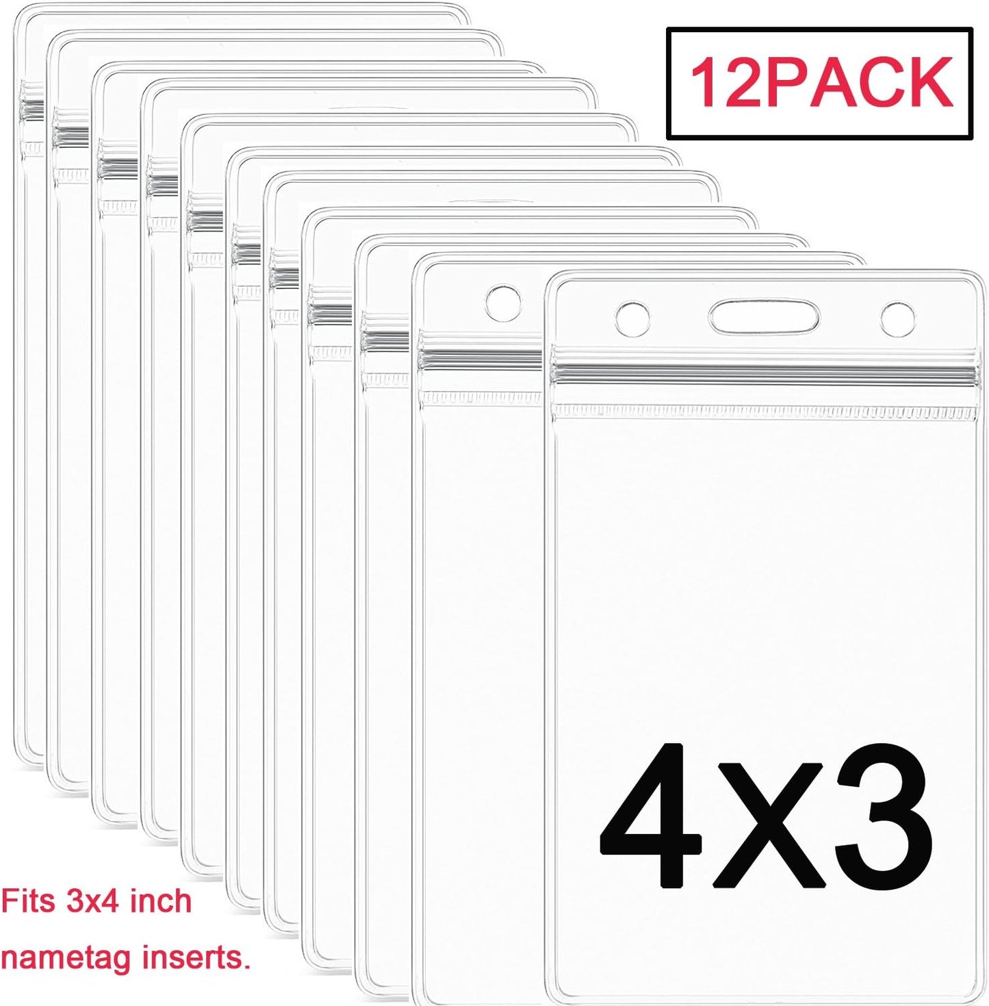 AMUU 12 Pack Vertical Clear Badge Holders Large 4x3 Name Badge Holders Plastic Large Card Protector (Fits 4x3 Nametag Inserts)