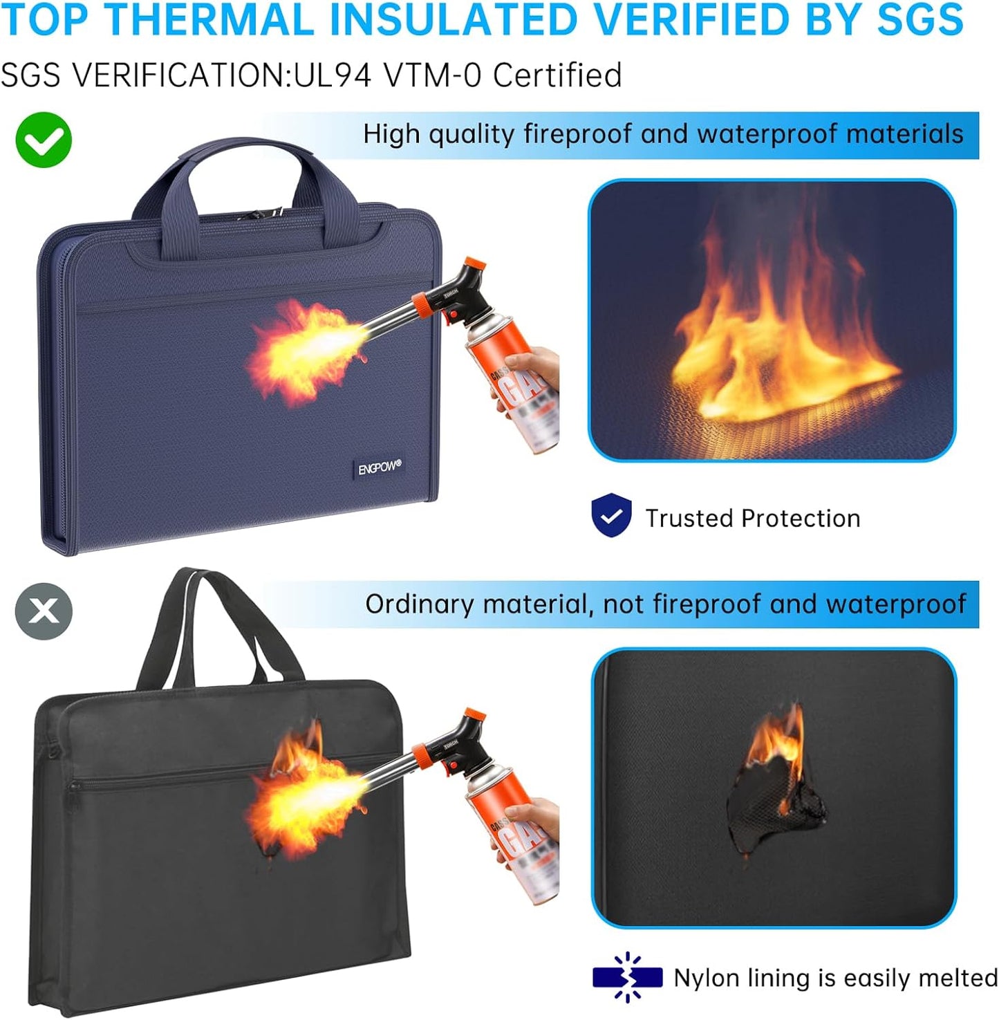 ENGPOW Accordion File Organizer,Fireproof Expanding File Folder with Multi Pockets,13 Pockets Document Organizer with Handle & Labels,Portable Home Travel Safe Storage Folder for Letter A4 Files,Blue