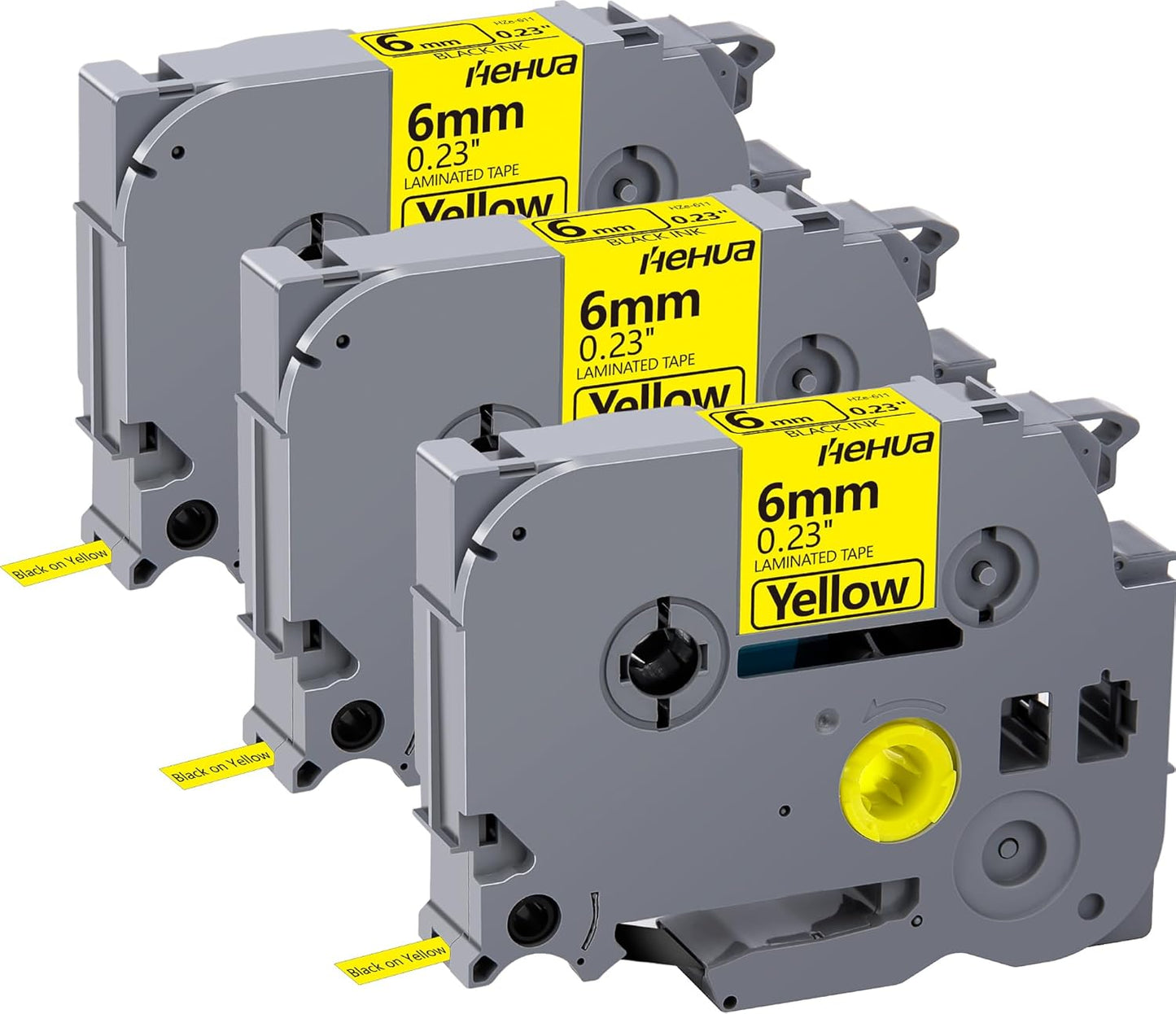 Hehua 6mm 0.23 Black on Yellow Laminated Tape Compatible for Brother Label Maker Tape TZe-611 TZe611 TZ-611 TZ611 for P Touch PT D200 D220 D400 D450 D600 D610 P710BT, 1/4'' x 26.2ft, 3 Pack