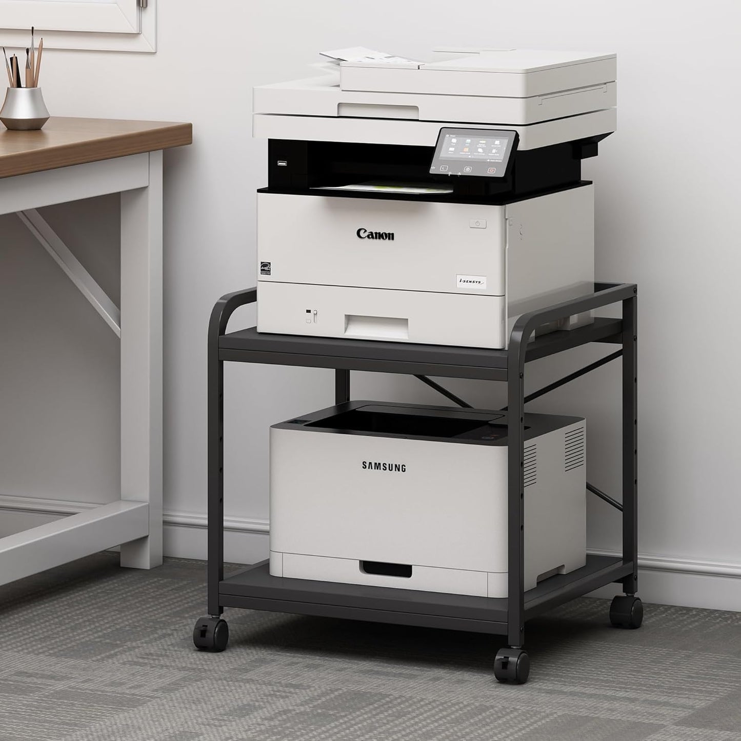 2 Tier Under Desk Printer Stand with Storage, 20 Inches Deep Large Printer Table with Height Adjustable Shelf, Rolling Printer Cart with Wheels for Home Office - Black