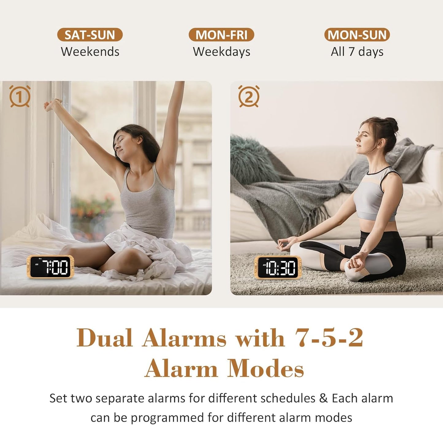 Digital Dual Alarm Clock for Bedroom, 0-100% Dimmer, Weekday/Weekend Mode, Easy to Set, USB Charger, Adjustable Alarm Volume with 5 Alarm Sounds, Snooze, 12/24Hr, Battery Backup (Wood Grain)