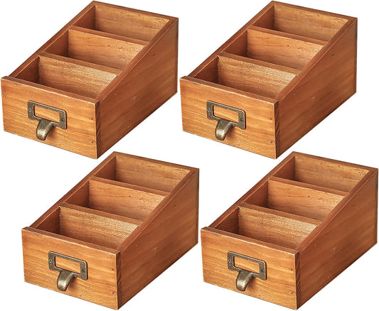 3-Slot Wooden Desk Organizer - Card Catalog Drawer Style Storage Box for Stationery & Office Supplies - Remote Caddy, Phone Stand, or Pencil Holder for Desk - Cubicle Accessories (4-Pack)