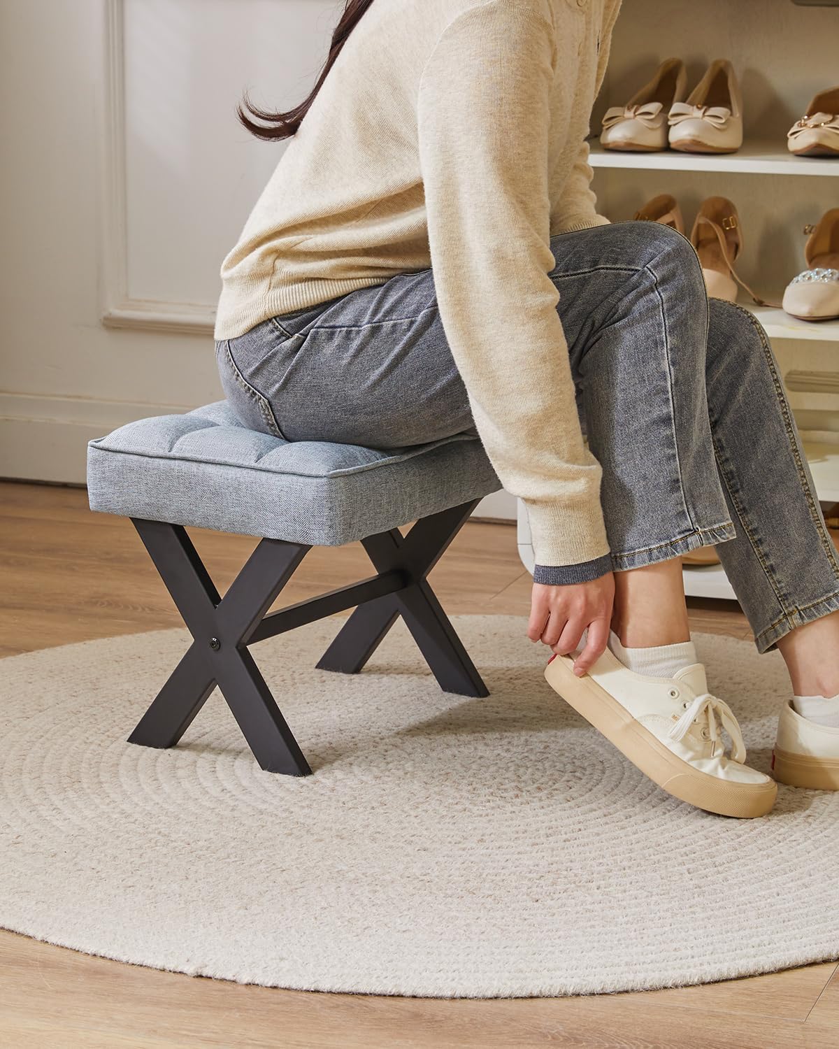 IBUYKE Small 12" H Footrest Stool, Square Linen Foot Stool with Metal X-Leg, Multi-Use as Small Side Table, Step Stool for Living Room, Bedroom, Entryway, Office, Blue Gray WBD011L