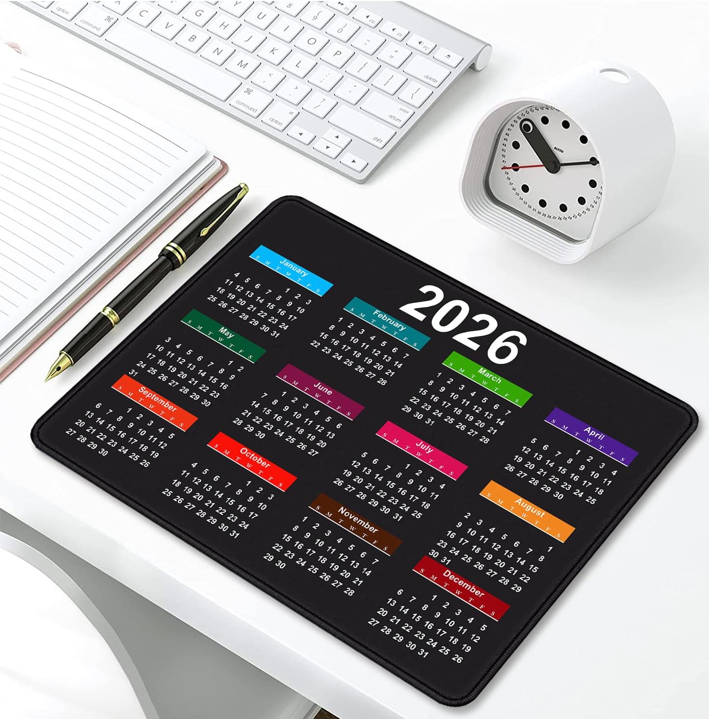 2026 Calendar Mouse pad, Gaming Stitched Edge Computer Accessory Mouse Pad, Rectangular Anti Slip Chloroprene Rubber Mouse Pad for Office and Home Use (Black Calendar Mouse Pad A-1)