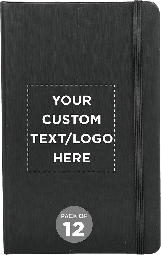 DISCOUNT PROMOS Custom Hardcover Notebook Journals with Elastic Colored Band Set of 12, Personalized Bulk Pack - Perfect for School, Office, Home - Black