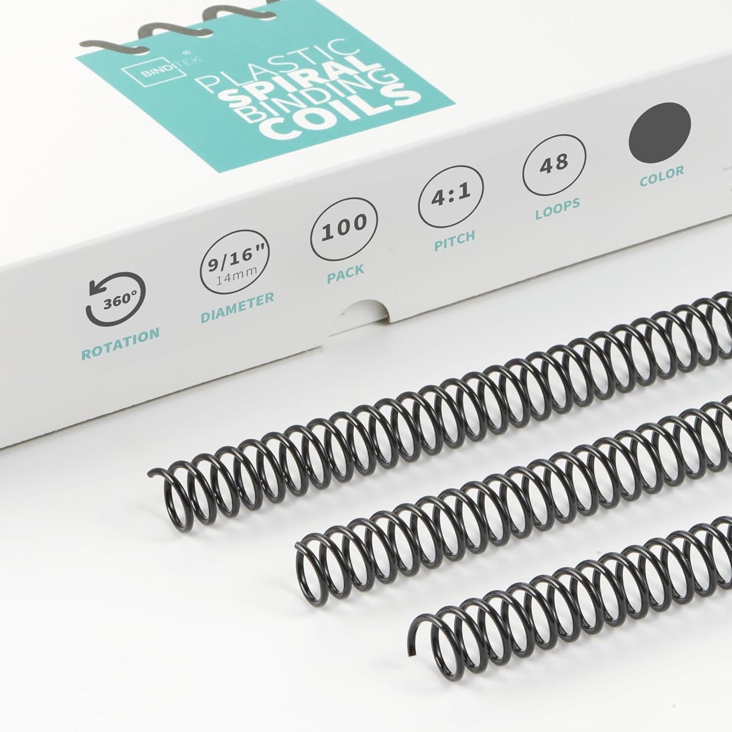 Binditek 100 Pack Plastic Spiral Binding Coils, 14mm(9/16"), 115 Sheet Capacity, 4:1 Pitch, Black, 48 Loops, for Students and Coworkers