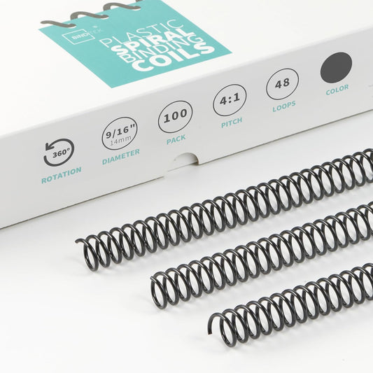 Binditek 100 Pack Plastic Spiral Binding Coils, 14mm(9/16"), 115 Sheet Capacity, 4:1 Pitch, Black, 48 Loops, for Students and Coworkers