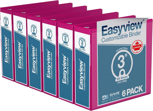 Easyview Premium 3-Ring Binders with Clear-View Covers and Round Rings, Binders for School or Office, 3 Inch, Pack of 6, Pink