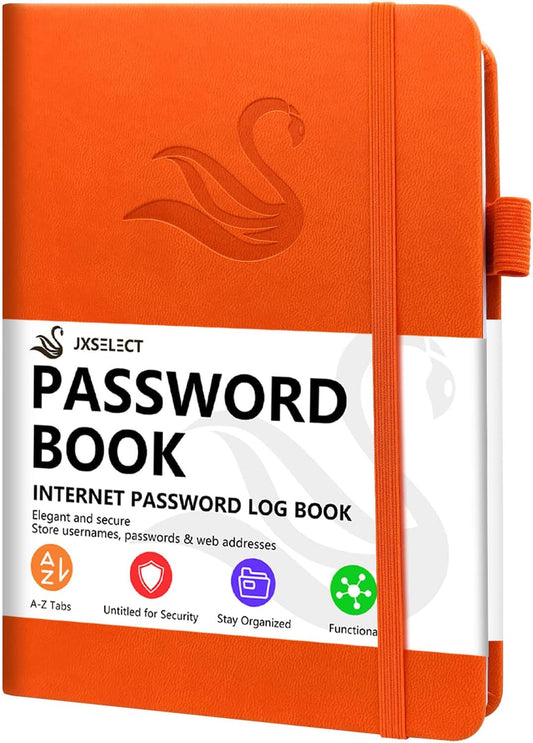 Elegant Password Book with Alphabetical Tabs - Hardcover Password Book for Internet Website Address Login - 5.2" x 7.6" Password Keeper and Organizer w/Notes Section & Back Pocket (Orange)
