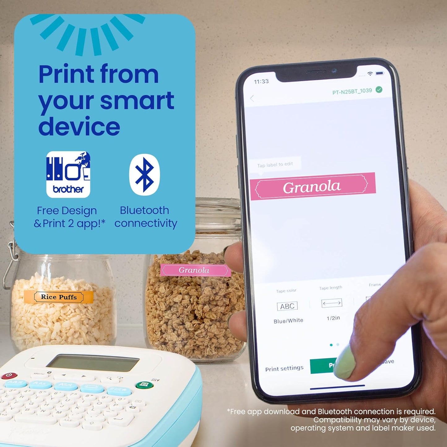 Brother P-Touch PT-N25BT Personal Connected Label Maker, Bluetooth, Design&Print2 app, Portable, Handheld and Prints with P-Touch Btag½â€ (12mm) Wide Color Label Tapes