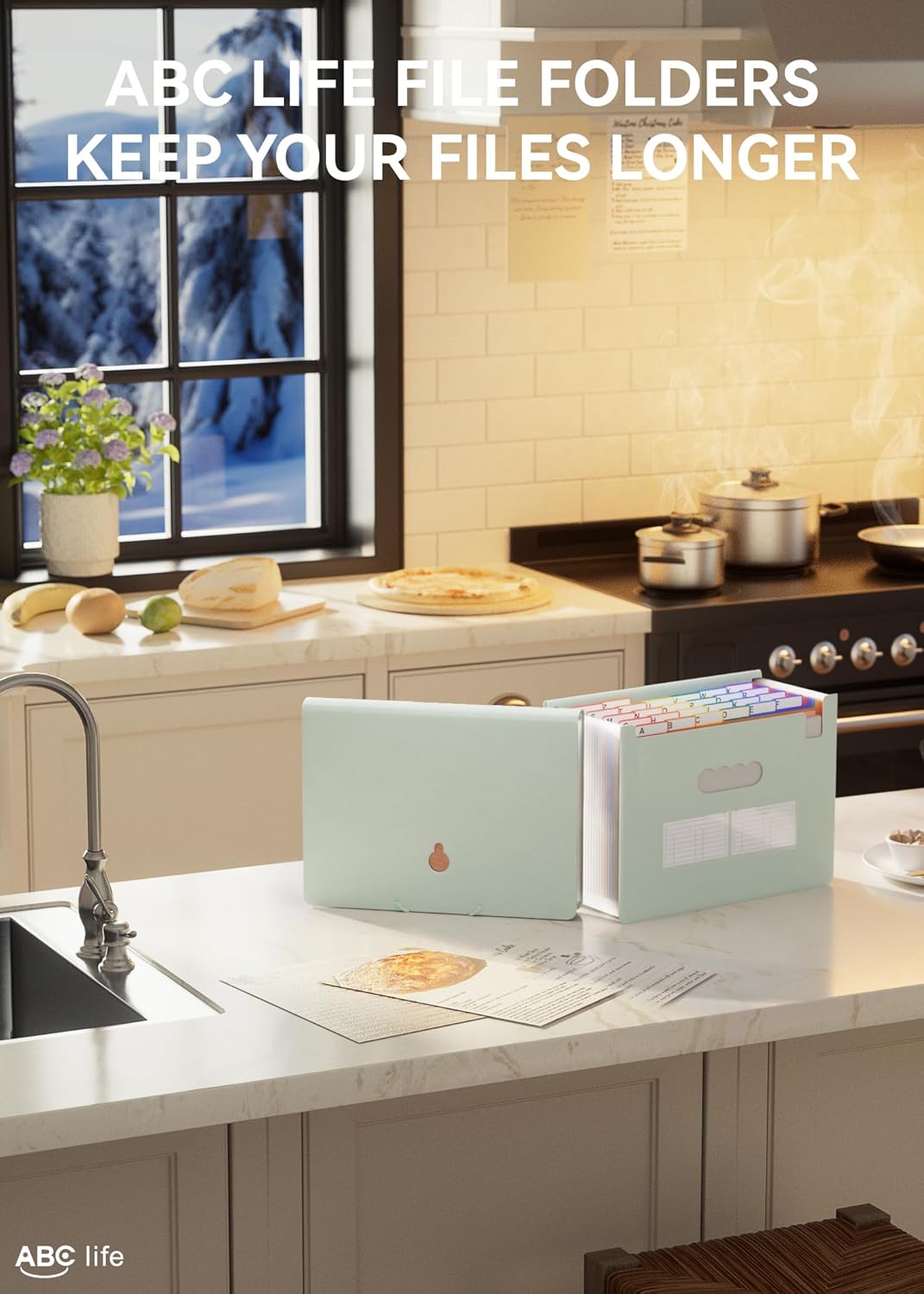 ABC life 26 Pockets Accordion File Organizer, Expanding File Folder, Portable Monthly Paper Bill Tax Receipt Organizer, Letter A4 Size Document Organizer with Blank Labels - Sage Green