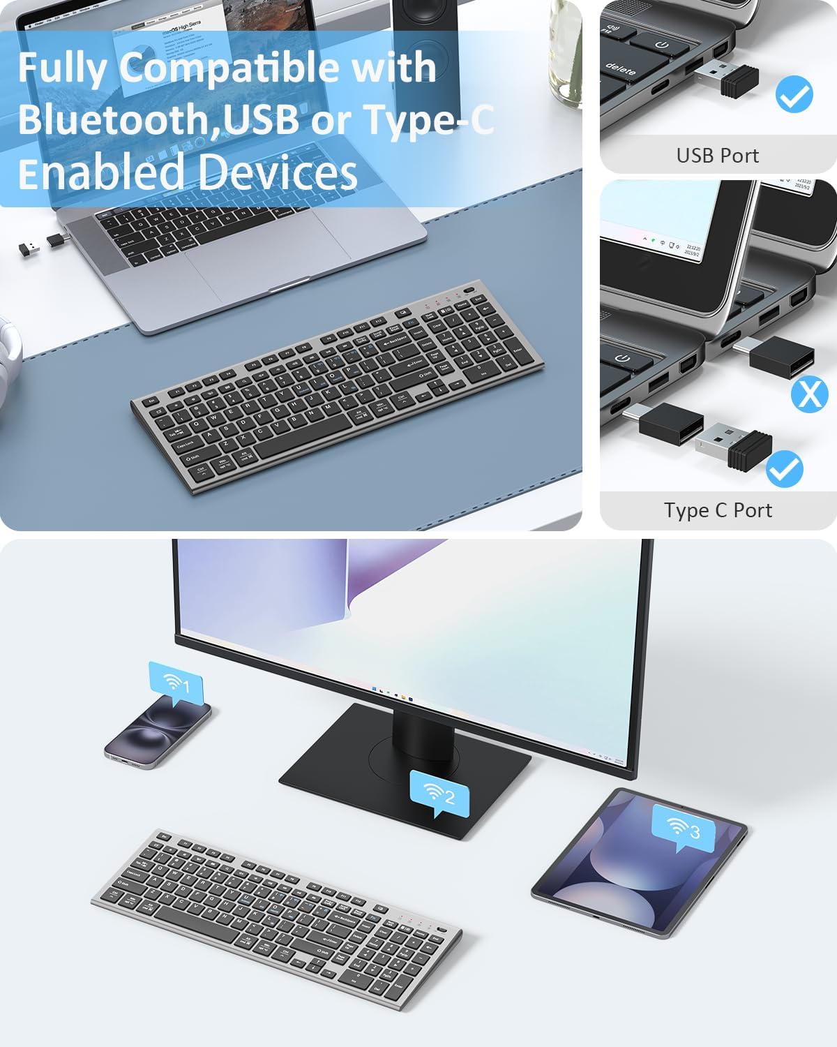 FENIFOX Wireless Keyboard, Bluetooth + USB Ergonomic Silent Quiet Rechargeable with Number Pad Compact Full Size Multi Device Keyboards for iPad Tablet Mac Computer Surface PC MacBook Laptop Blcak